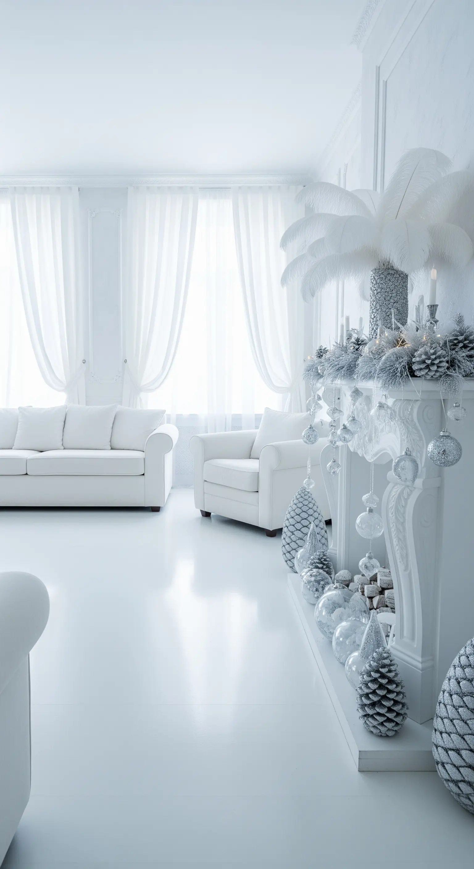 Weißer Kamin mit beflockter Girlande, weißen Kugeln, Federn und Silbereffekten