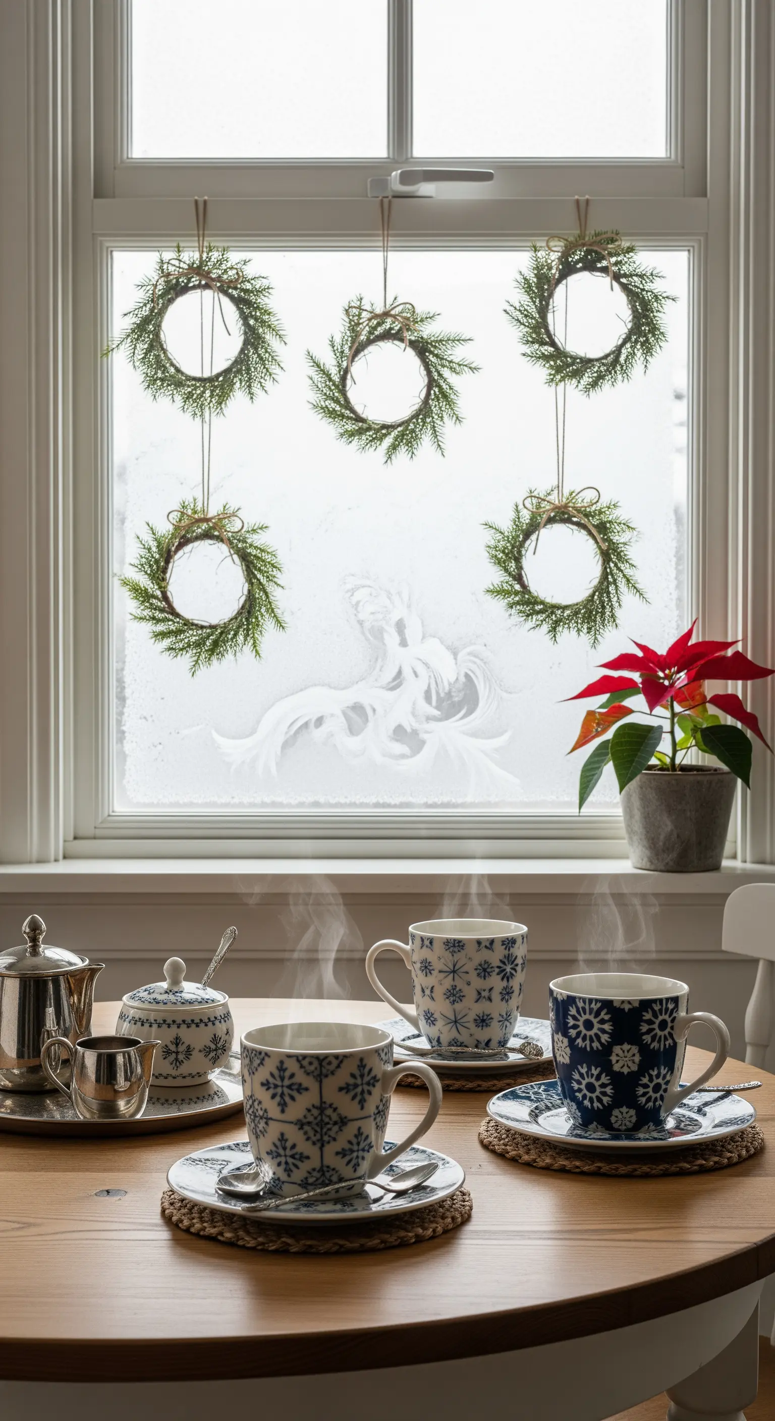 Küchenfenster mit fünf hängenden Mini-Kränzen und blauen Schneeflocken-Tassen auf Holztisch