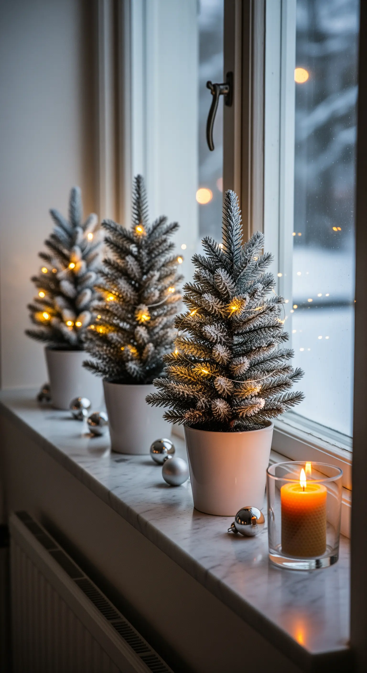Frosted Mini-Tannenbäume mit Lichtern und Kerze auf winterlicher Fensterbank.