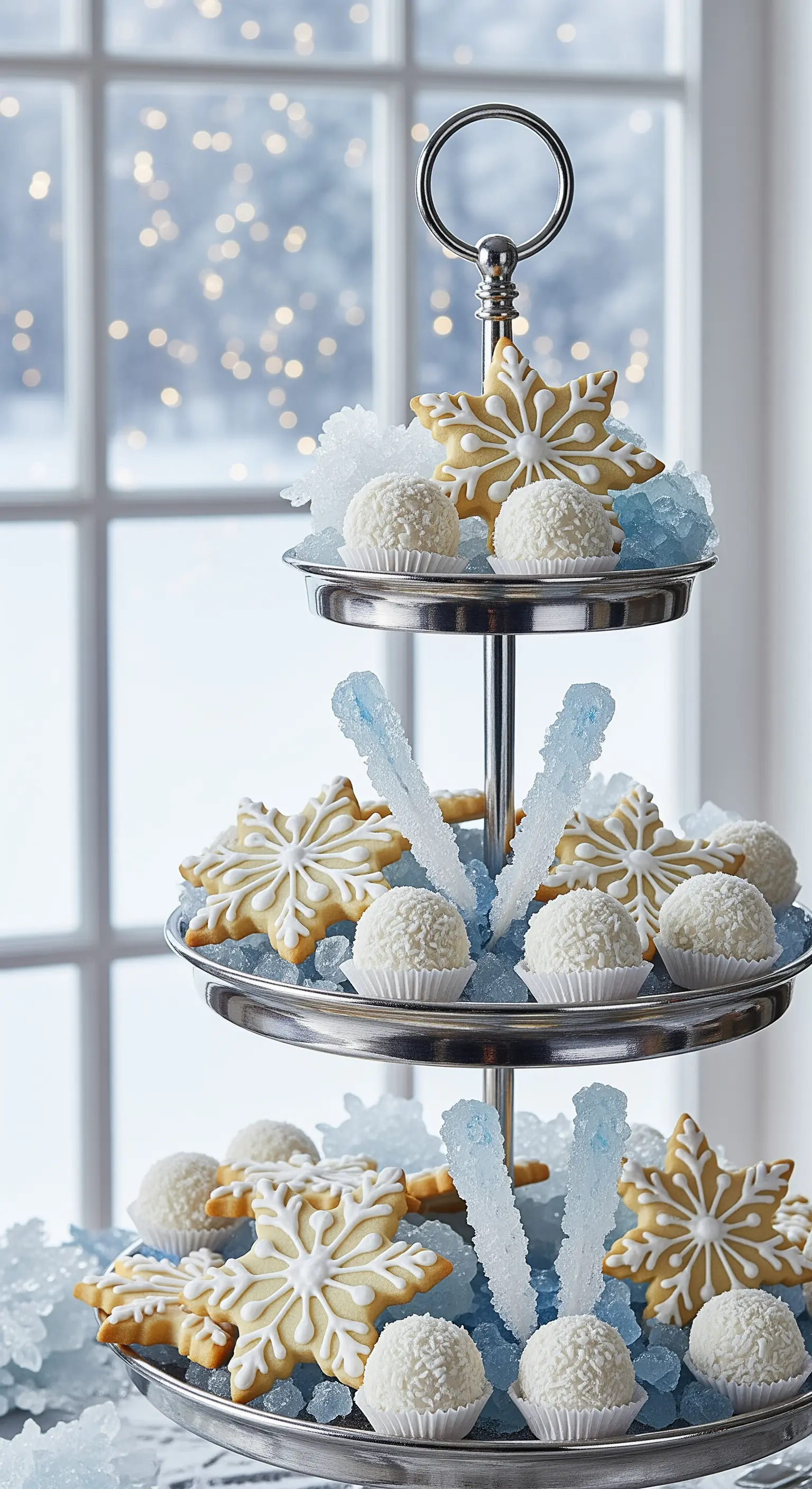 Silberne Etagere mit Schneeflocken-Keksen, Kokospralinen und eisblauen Zuckerkristallen.