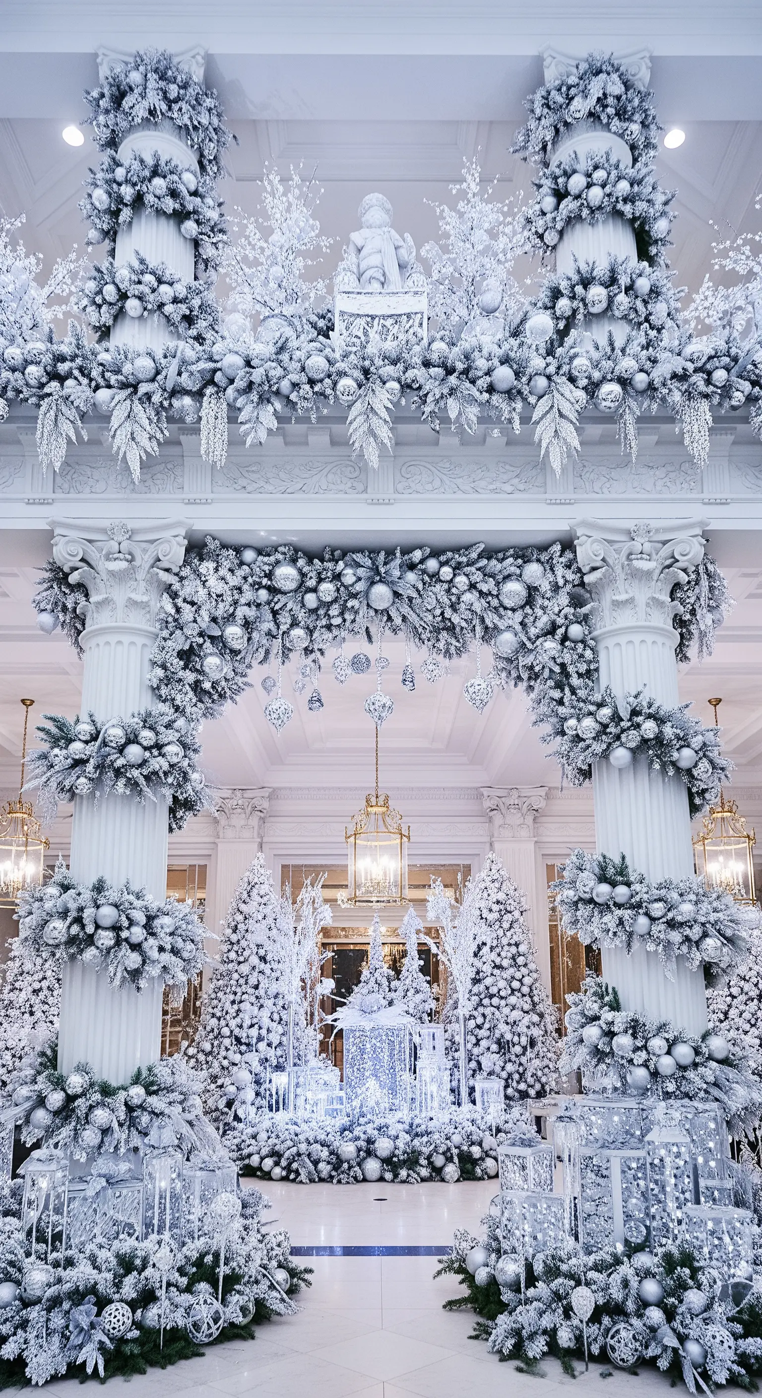 Opulentes Foyer in Weiß und Silber mit schneebedeckten Girlanden und Bäumen.