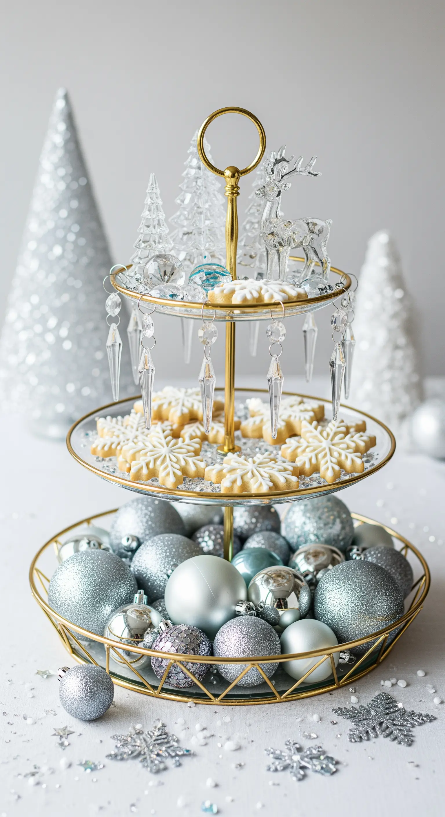 Elegante Weihnachts-Etagere in Gold und Silber mit Keksen und Glaskugeln.