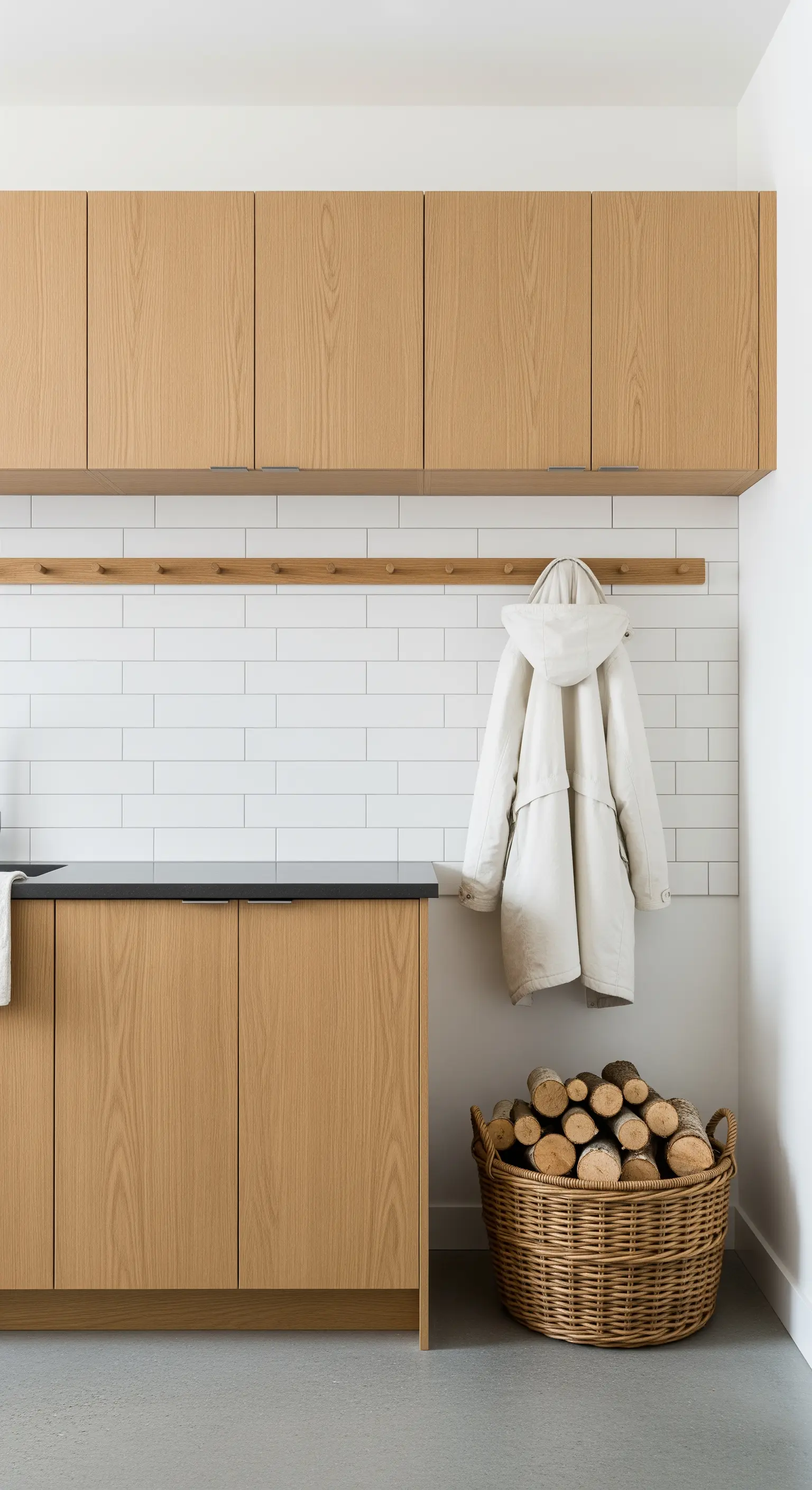 Wirtschaftsraum mit hellen Holzschränken, weißer Kachelwand und Korb mit Brennholz.