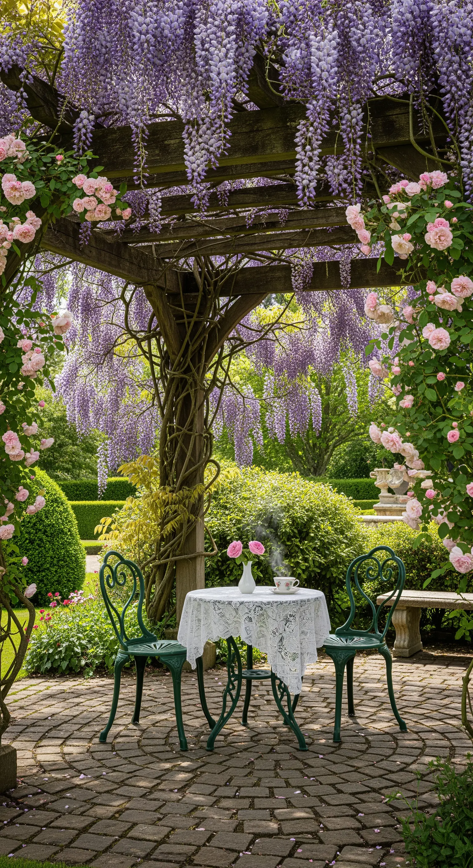 Holzpergola mit lila Blauregen und rosa Kletterrosen über einem grünen Bistro-Set