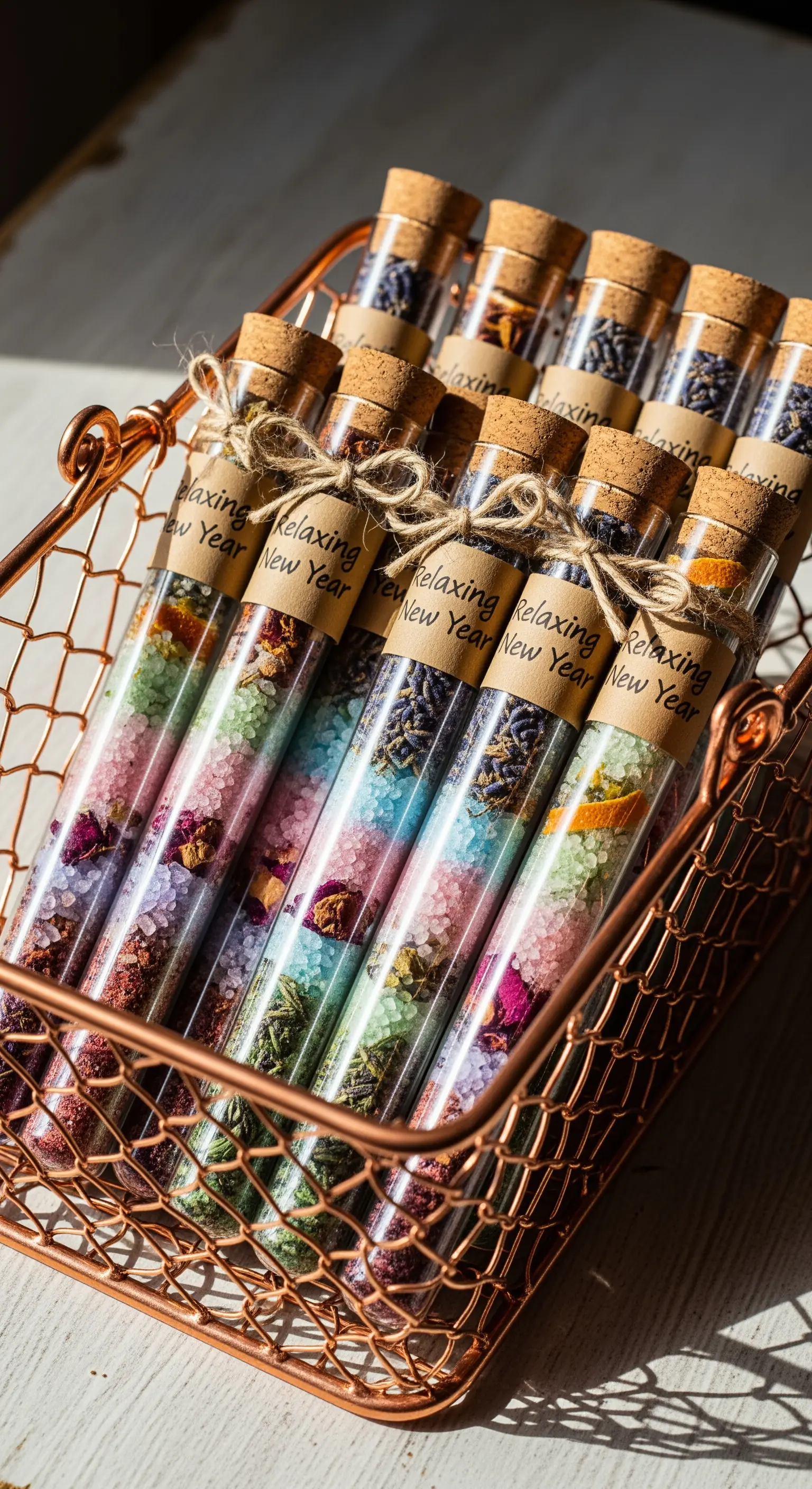 Reagenzgläser gefüllt mit Schichten von buntem Badesalz und getrockneten Blüten, in einem Kupferkorb.