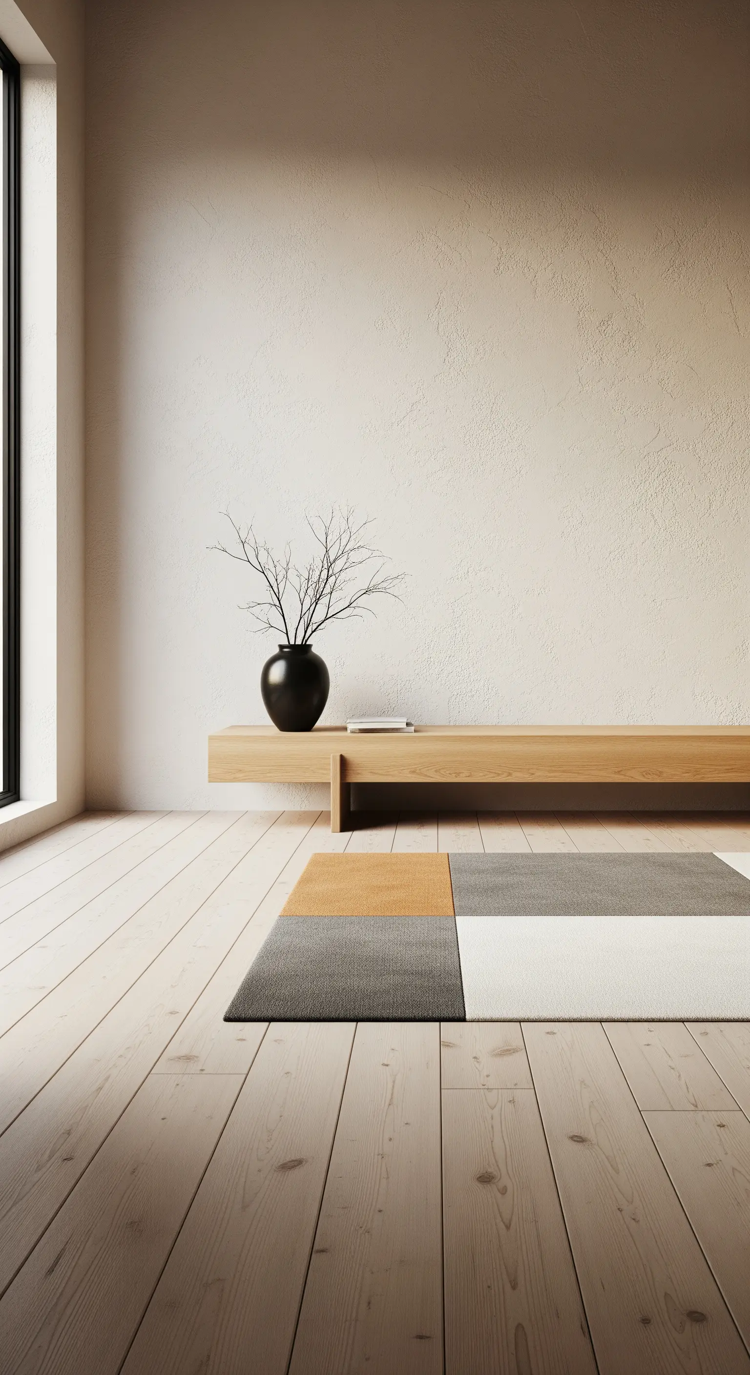 Minimalistischer Wohnbereich mit geometrischem Teppich, Holzsideboard und schwarzer Vase.