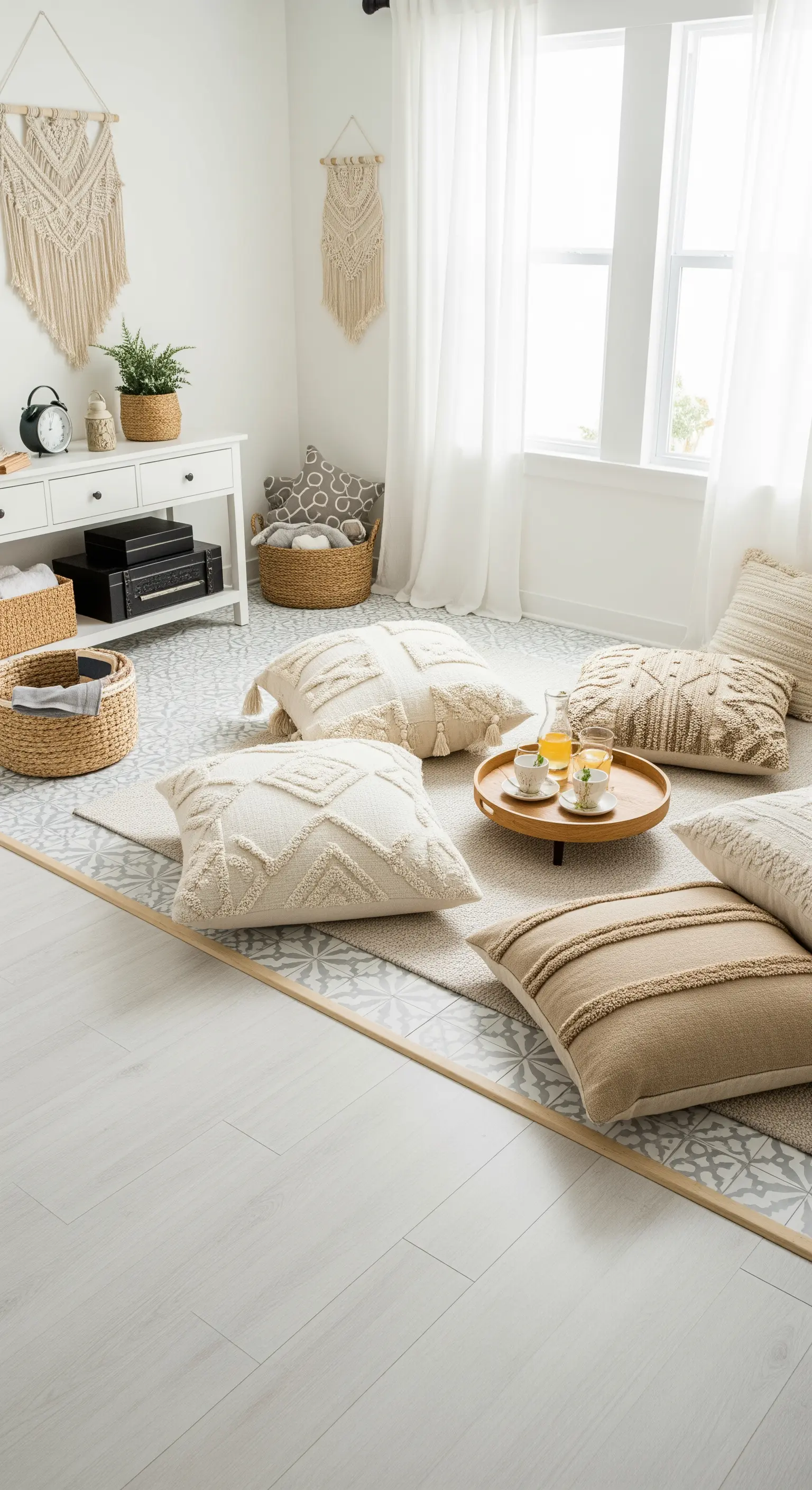 Gemütliche Sitzecke auf dem Boden mit vielen großen, cremefarbenen Kissen.