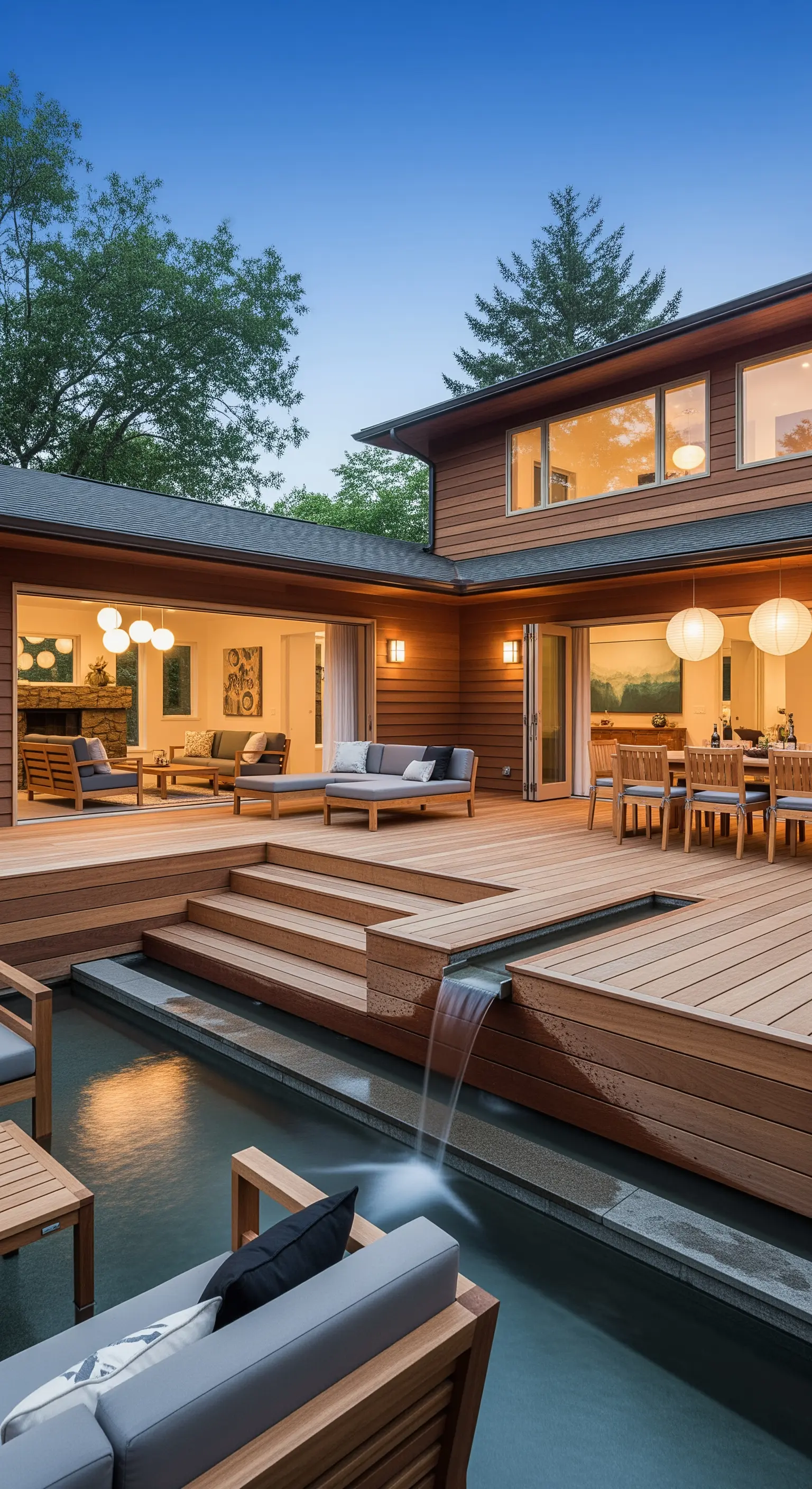 Große, mehrstufige Holzterrasse mit integriertem Wasserfall, Loungebereich und Essplatz.