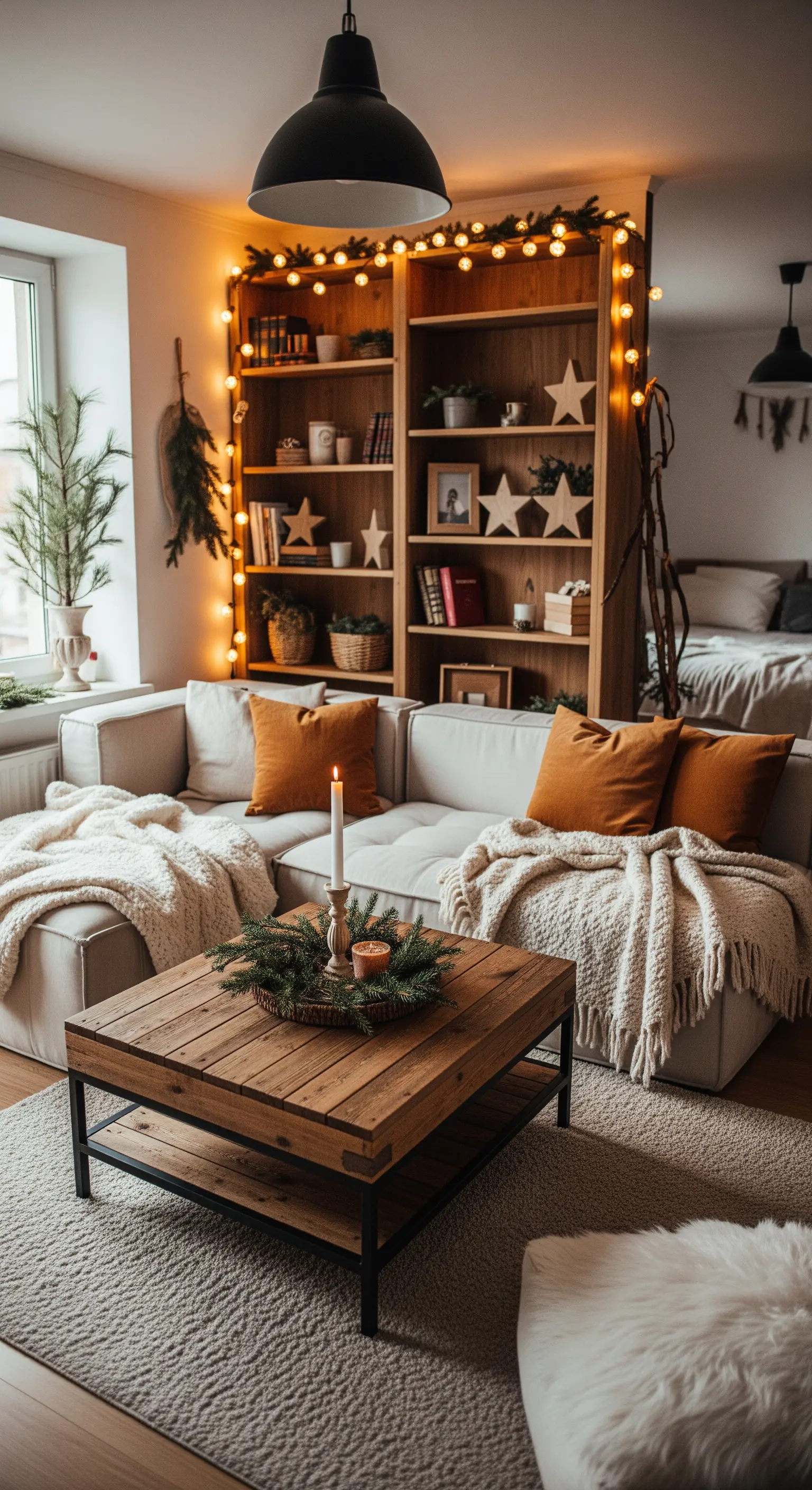 Gemütliches Wohnzimmer mit Regal-Lichterkette und Tannenkranz auf Holztisch.