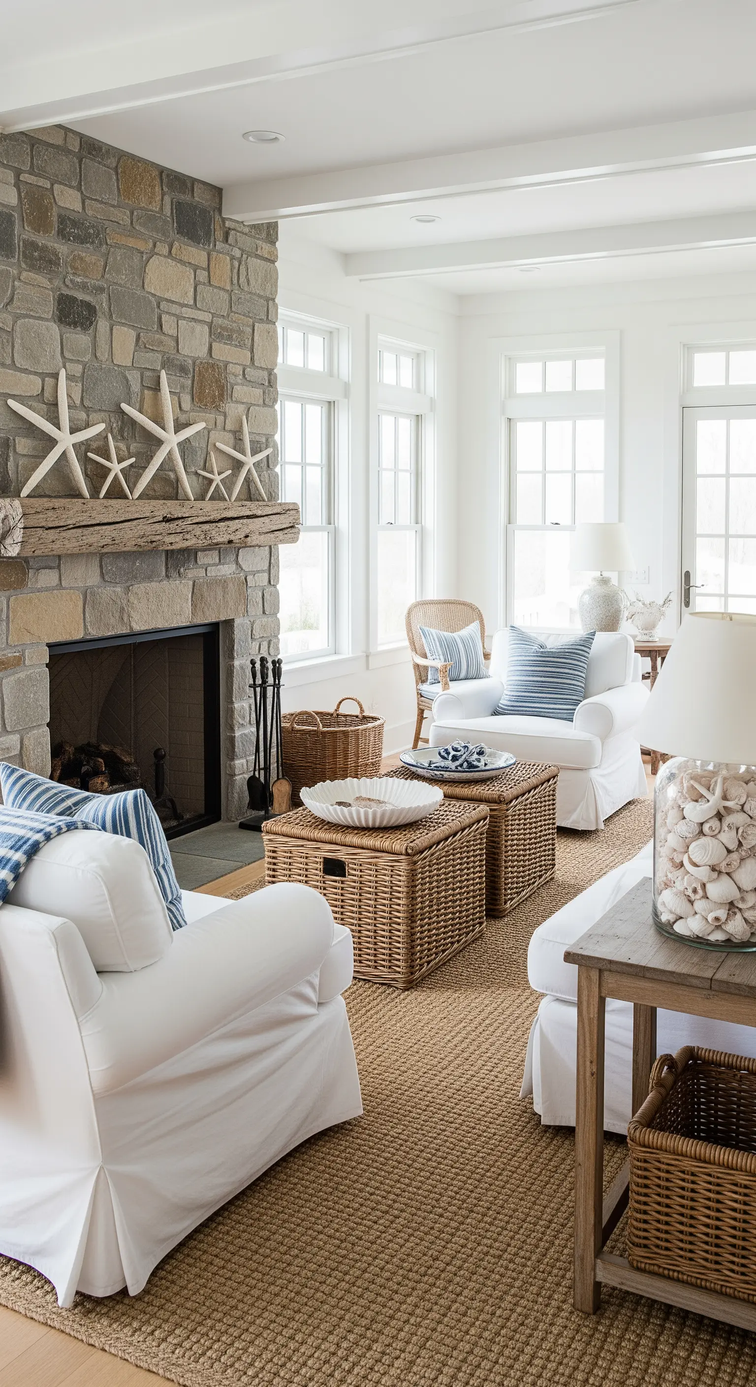 Wohnzimmer mit Steinkamin, weißen Sofas, Korbtischen und großen Seesternen