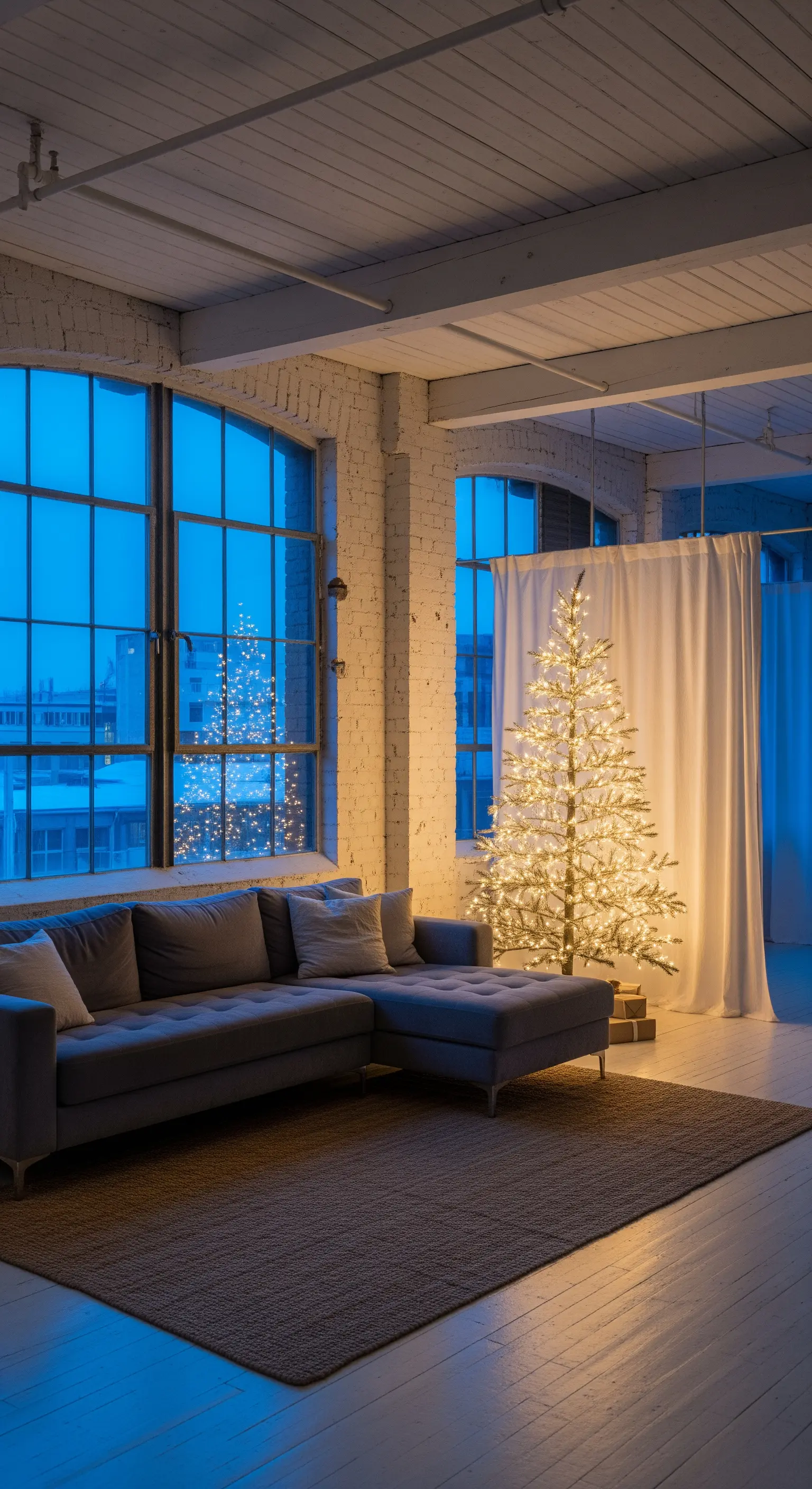 Modernes Wohnzimmer mit beleuchtetem Weihnachtsbaum, grauem Sofa und großen Fenstern.