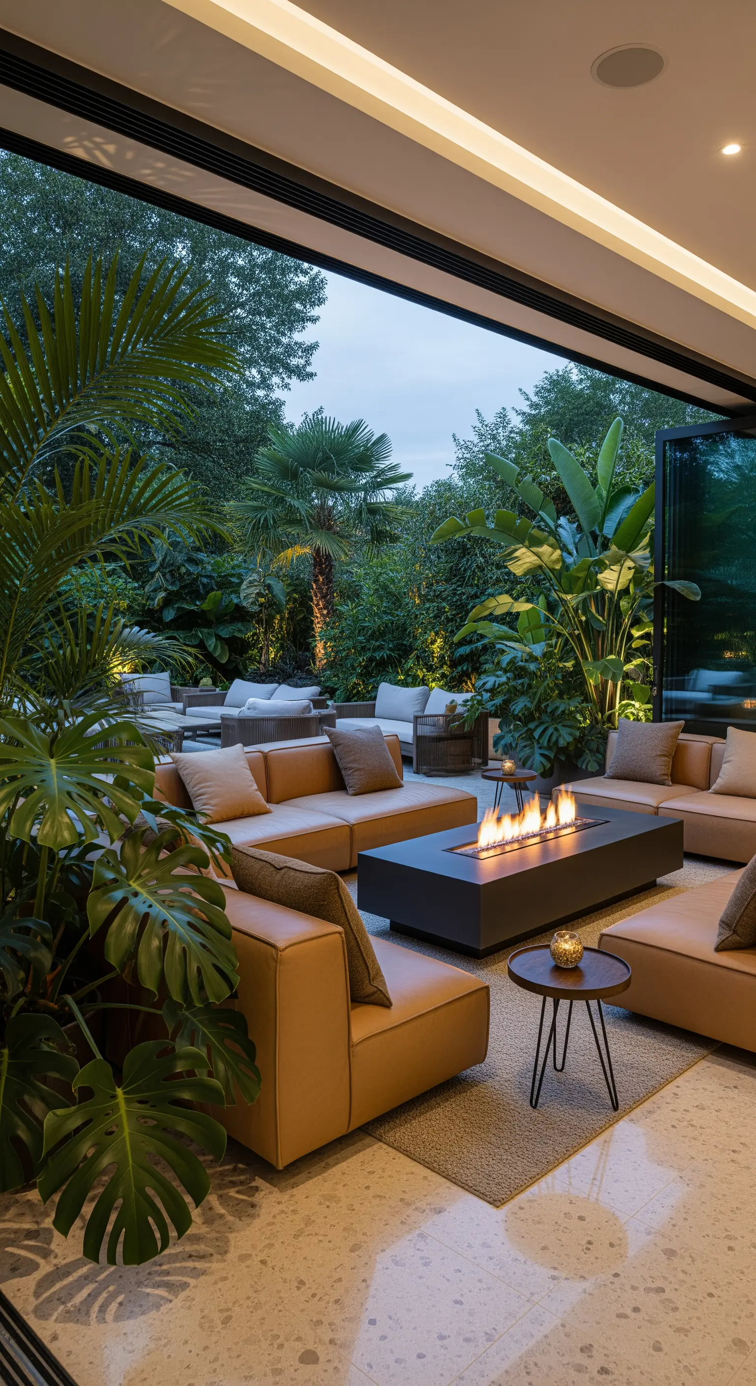 Offene Terrasse mit Feuertisch und Loungemöbeln, umgeben von tropischen Pflanzen.