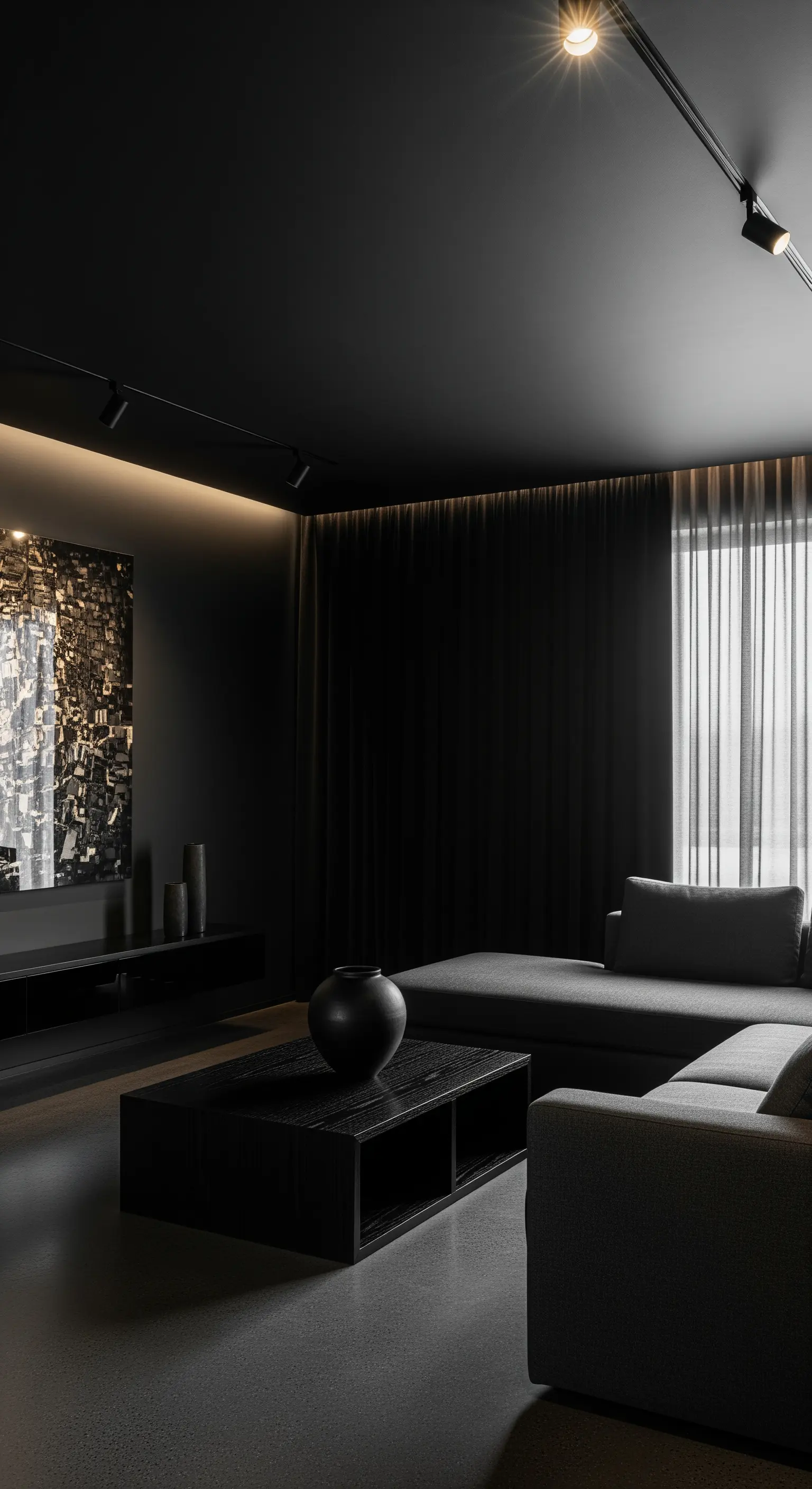 Dunkles Wohnzimmer mit Kunst, Vorhängen, modularem Sofa und indirekter Beleuchtung