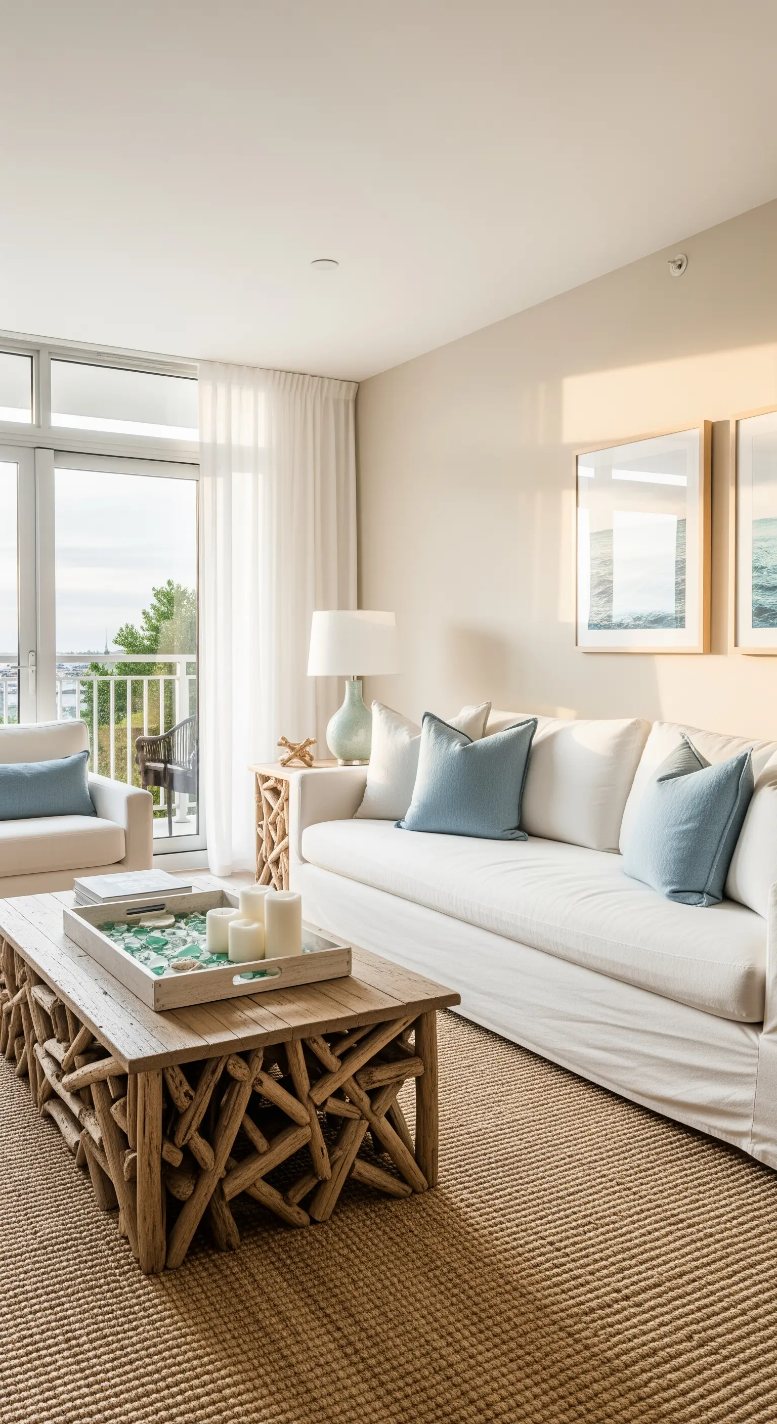 Treibholz Couchtisch, Jute Teppich, blaue Kissen
