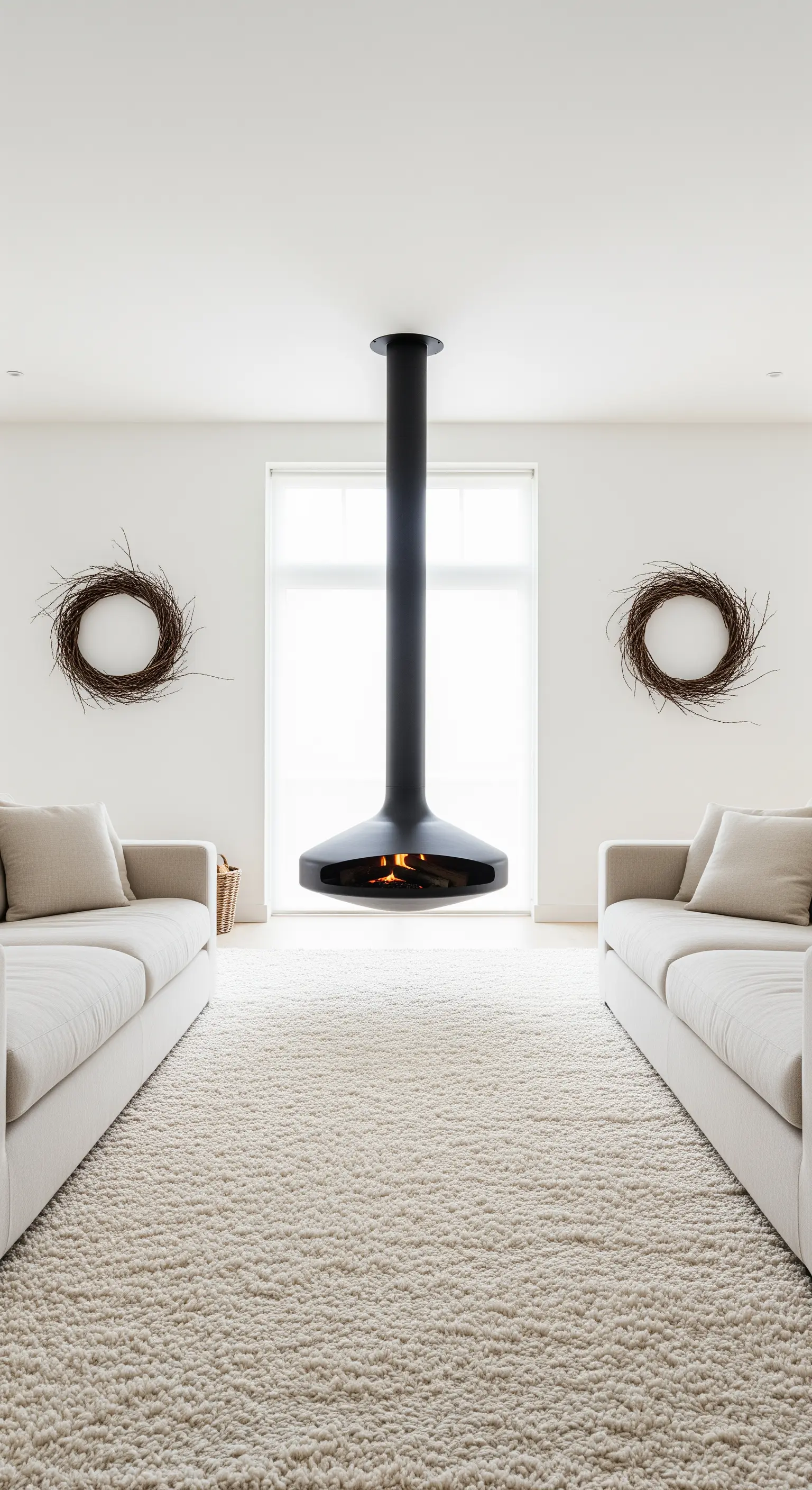 Modernes Wohnzimmer mit hängendem Kamin, zwei Cremesofas und rustikalen Kränzen.