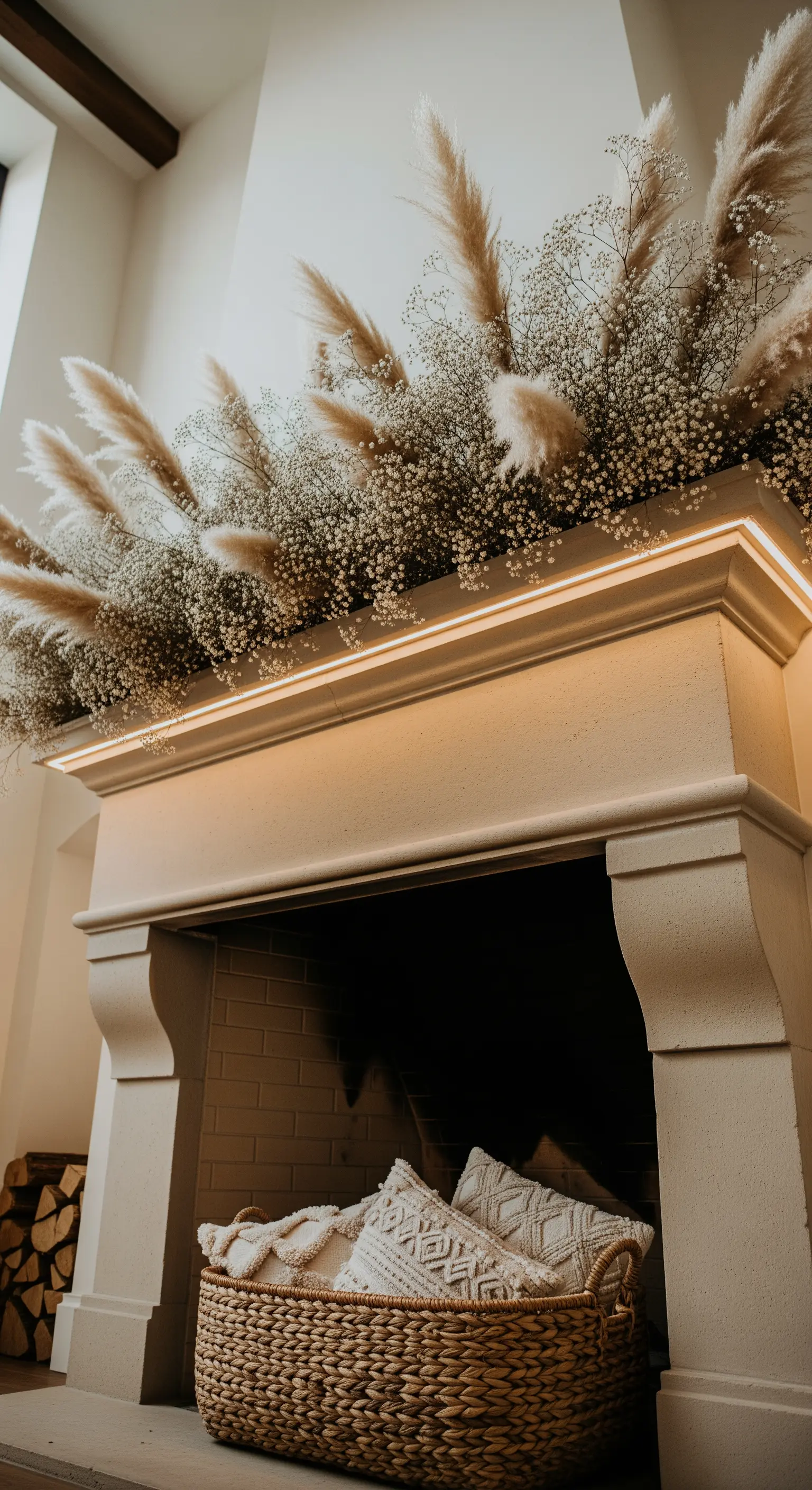 Kamin mit riesiger Schleierkraut-Wolke und indirekter Beleuchtung