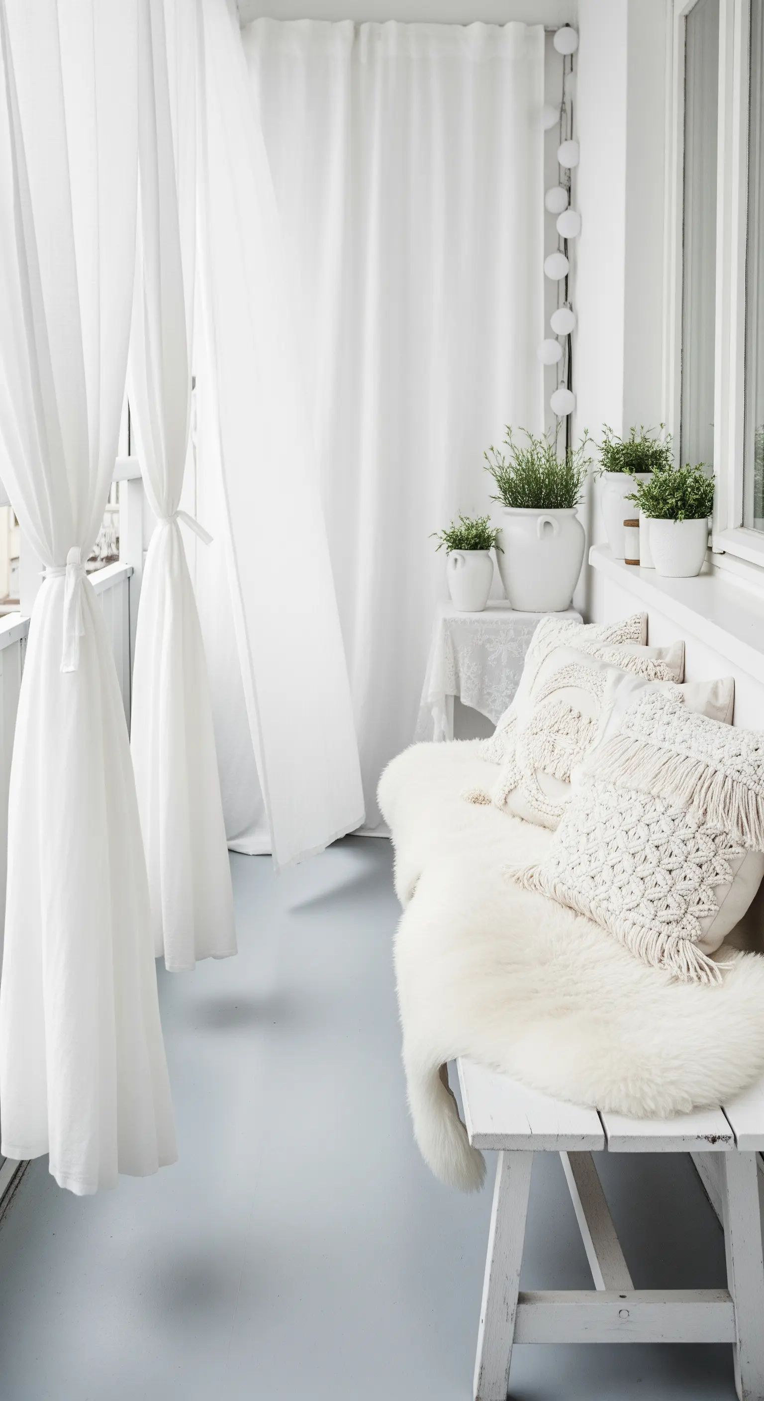 Heller Balkon in Weiß mit einer Holzbank, Lammfell und leichten Vorhängen.