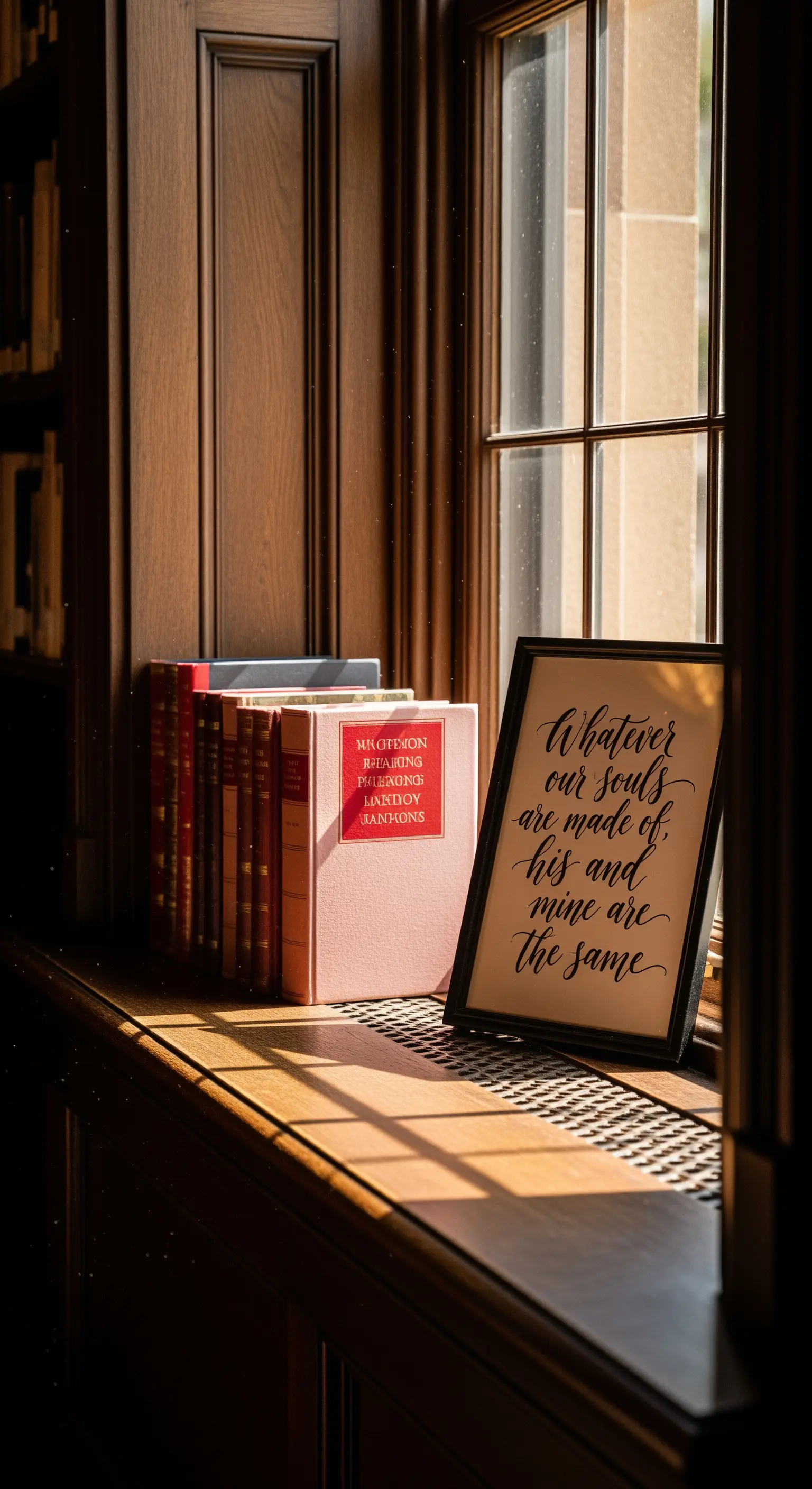 Ein gerahmtes Kalligrafie-Zitat lehnt neben Büchern auf einer sonnigen Holzfensterbank.