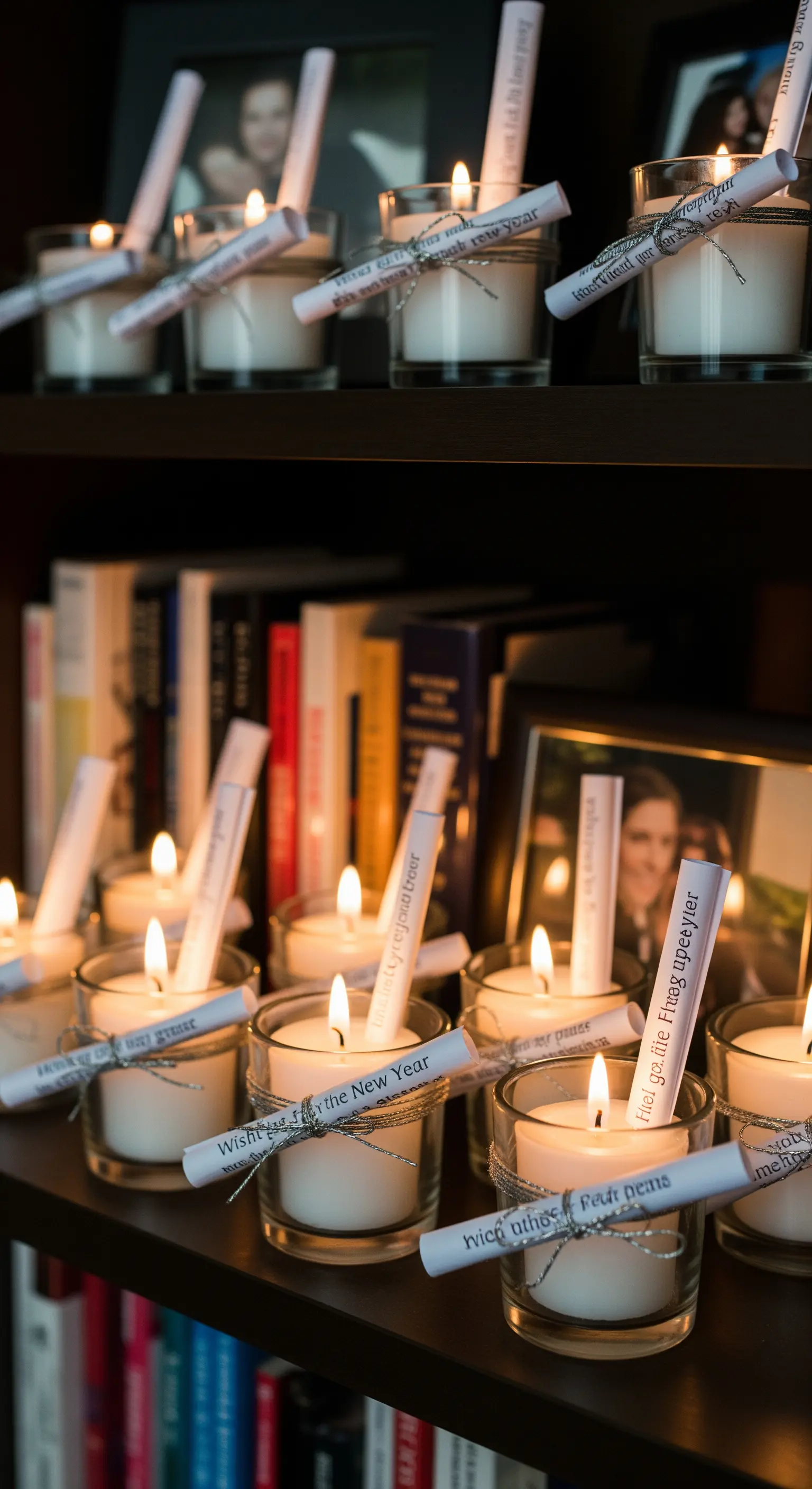 Teelichter in Gläsern, an denen kleine Zettel mit Neujahrswünschen befestigt sind.