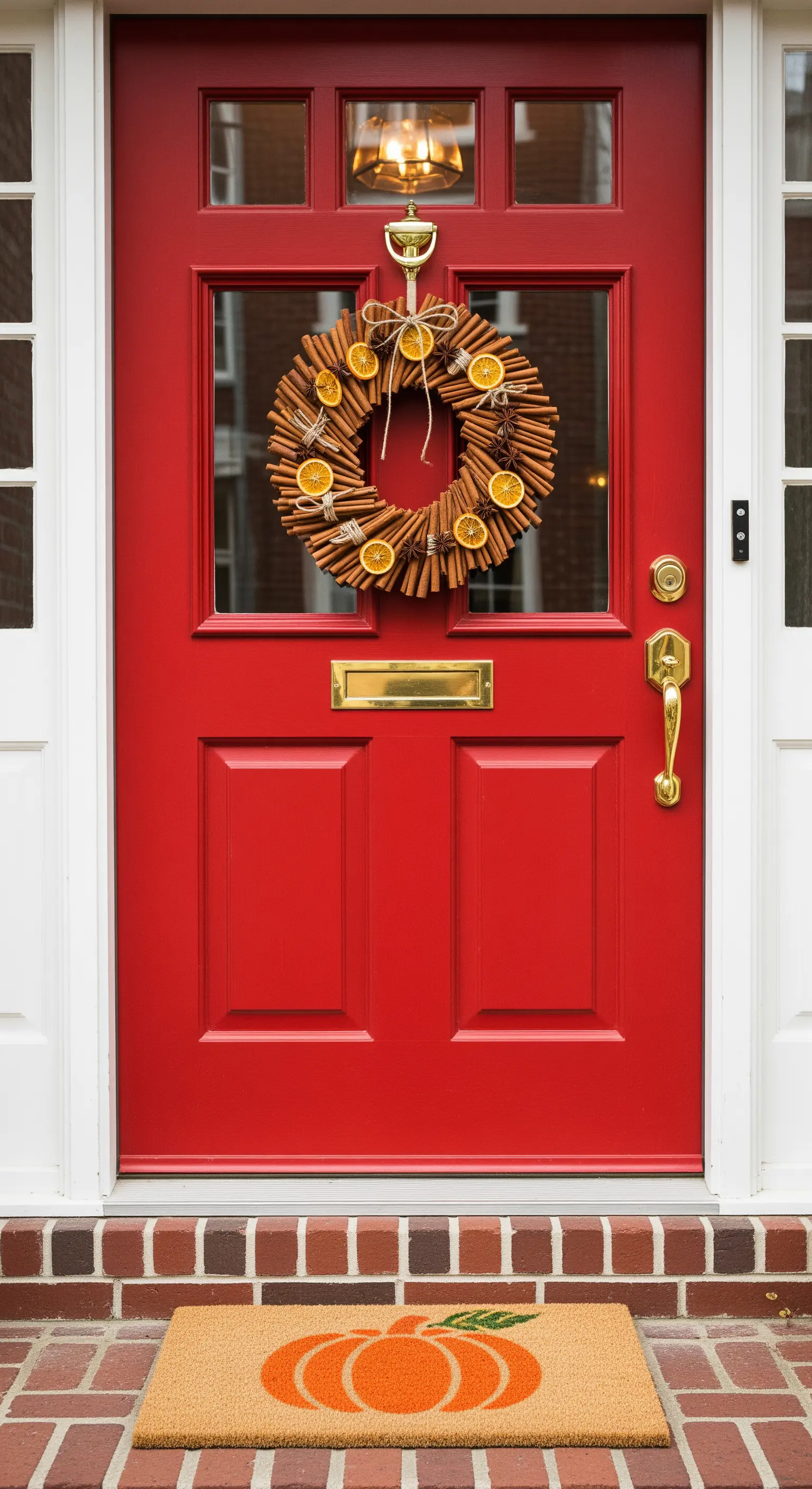 Rote Haustür mit Zimt-Orangen-Kranz und Kürbis-Fußabtreter