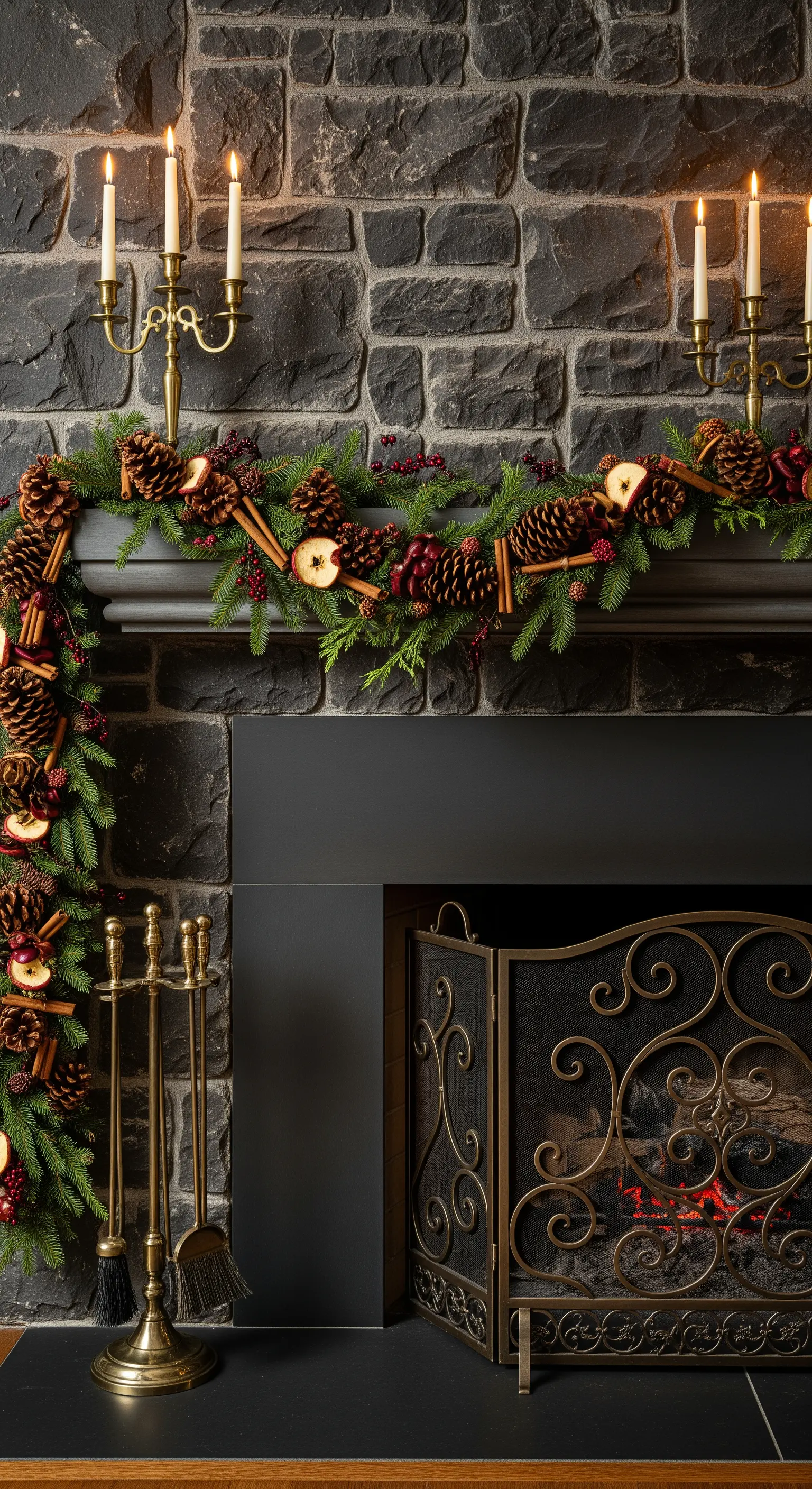 Steinkamin mit Zimt-Girlande, Tannenzapfen, getrockneten Äpfeln und Beeren
