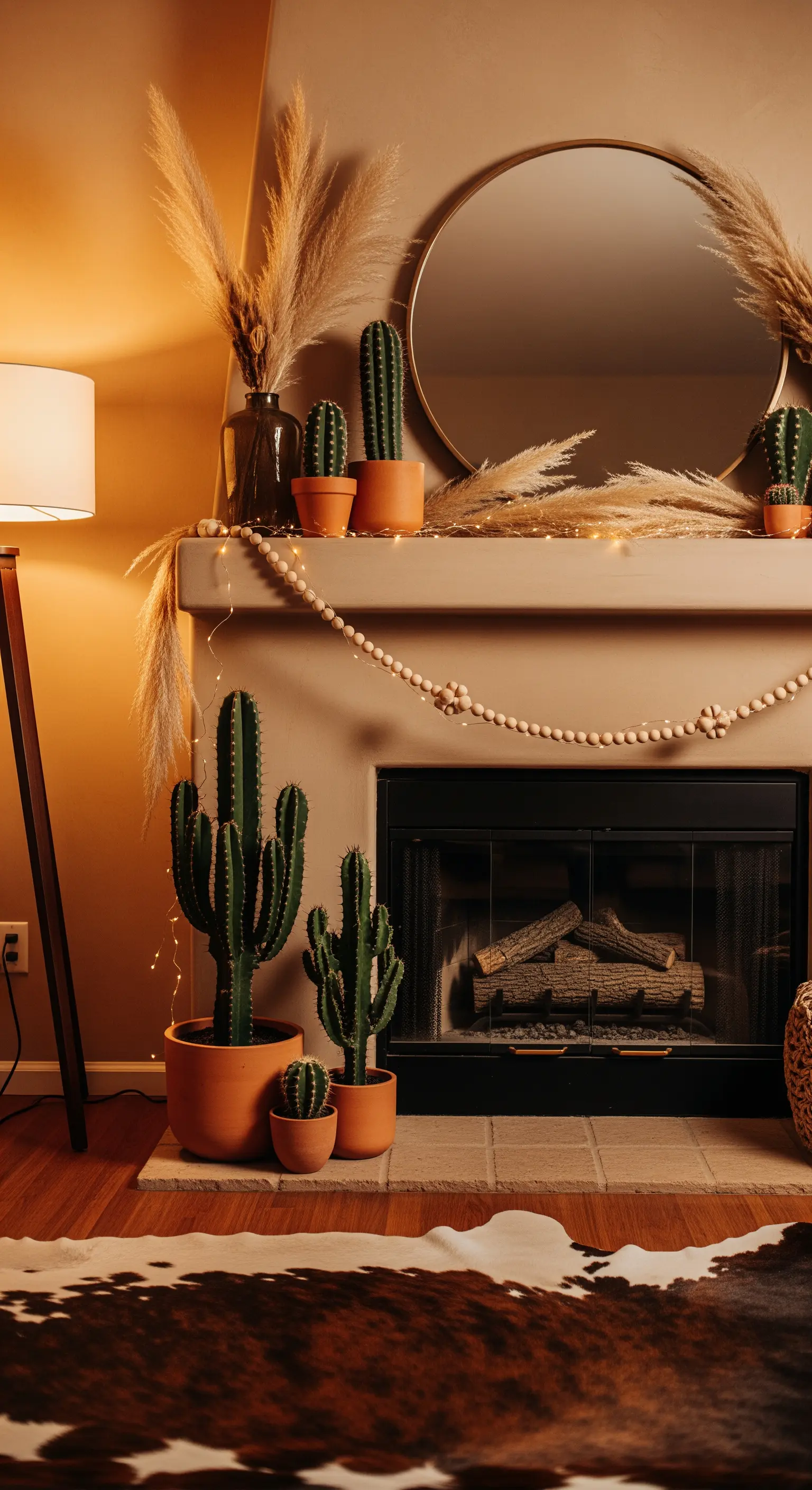 Kamin mit Kakteen, Holzperlenkette und Pampasgras