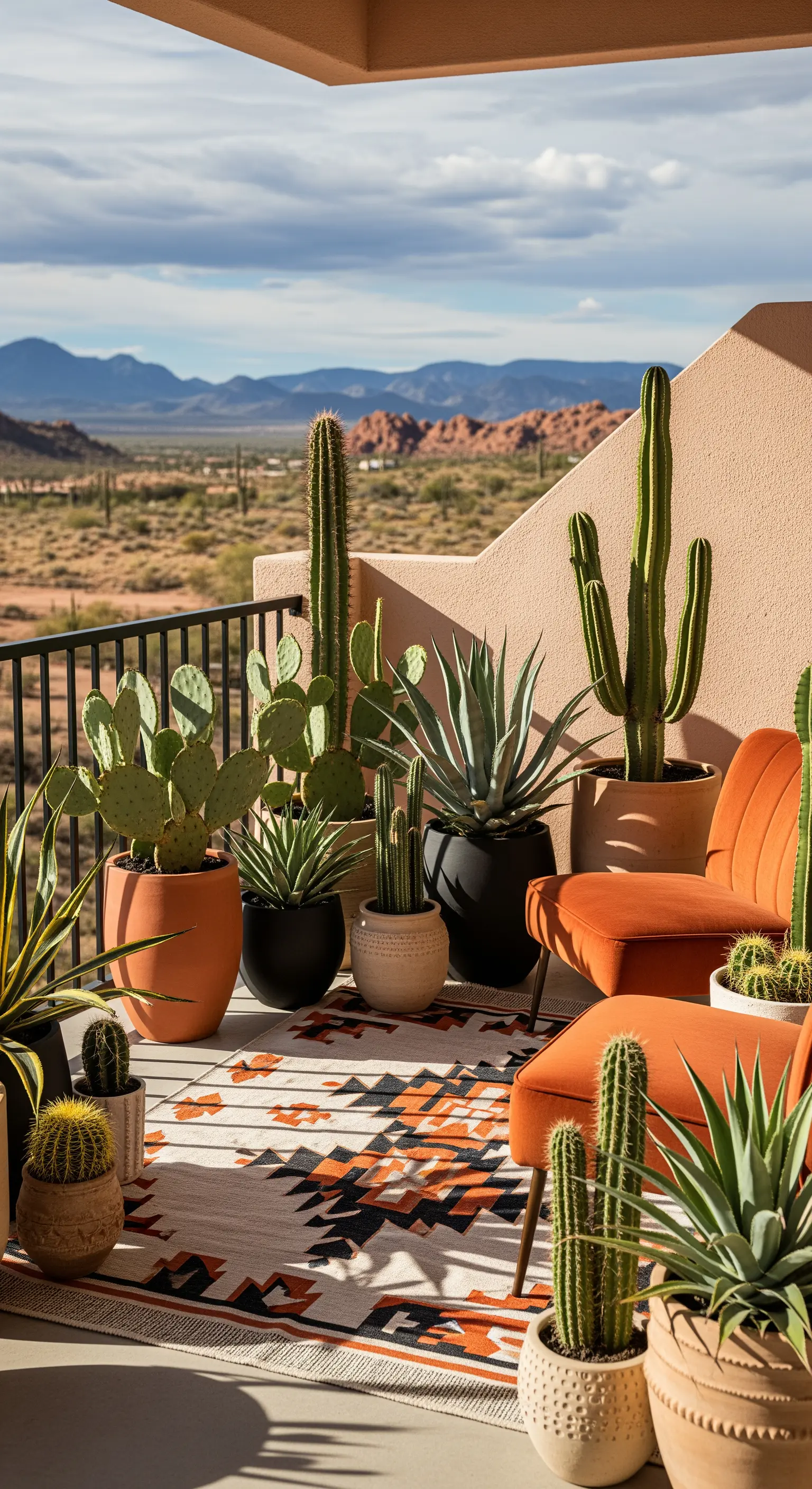 Balkon im Wüsten-Chic mit Kakteen, Orangetönen und gemustertem Teppich
