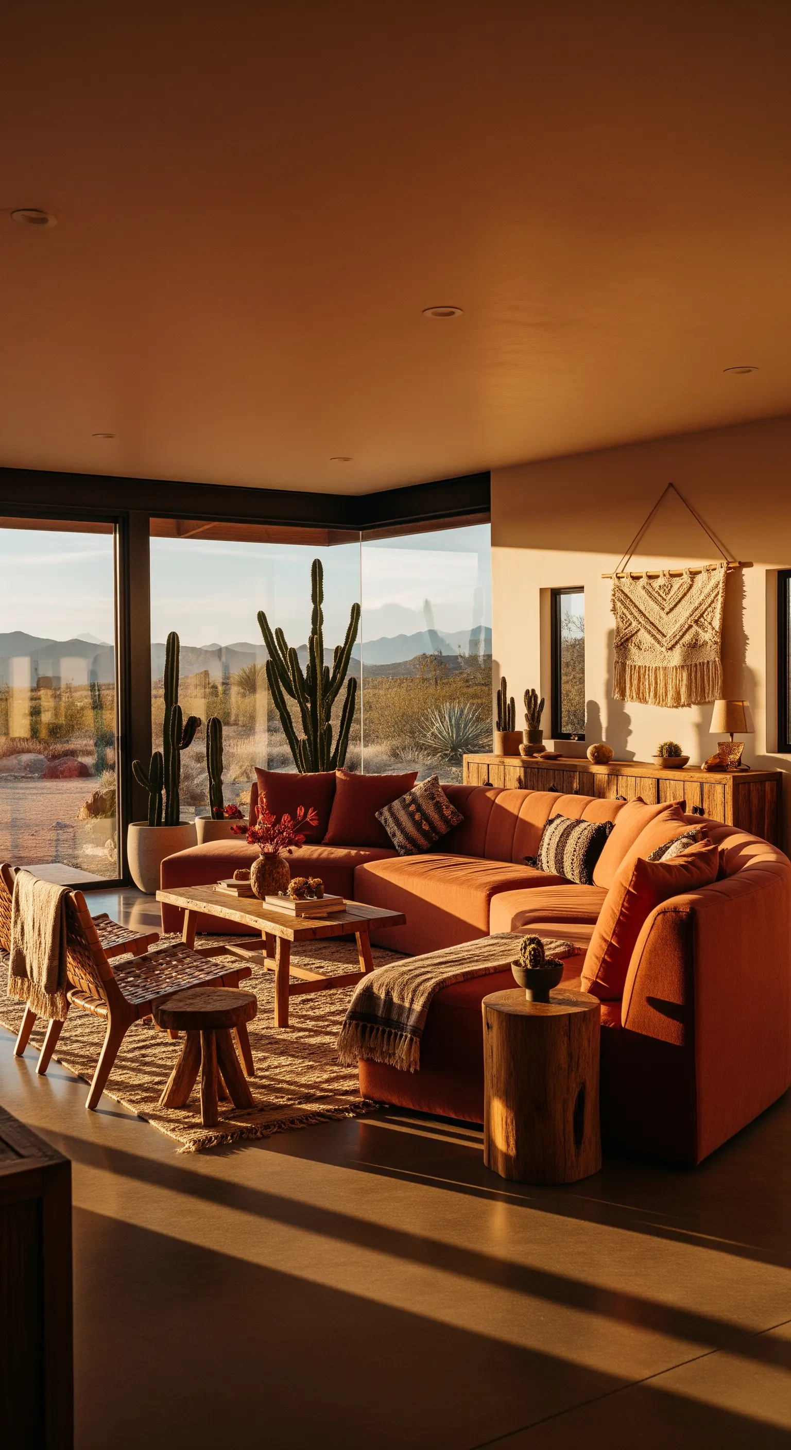 Terrakottafarbenes Ecksofa in einem sonnendurchfluteten Raum mit Blick auf eine Wüstenlandschaft.