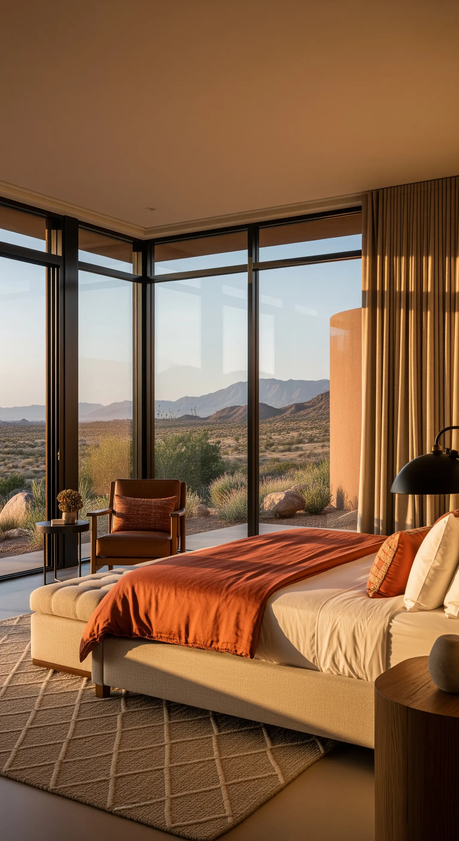 Modernes Schlafzimmer mit Eckfenstern, Blick auf eine Wüstenlandschaft und Bettwäsche in Terrakotta.