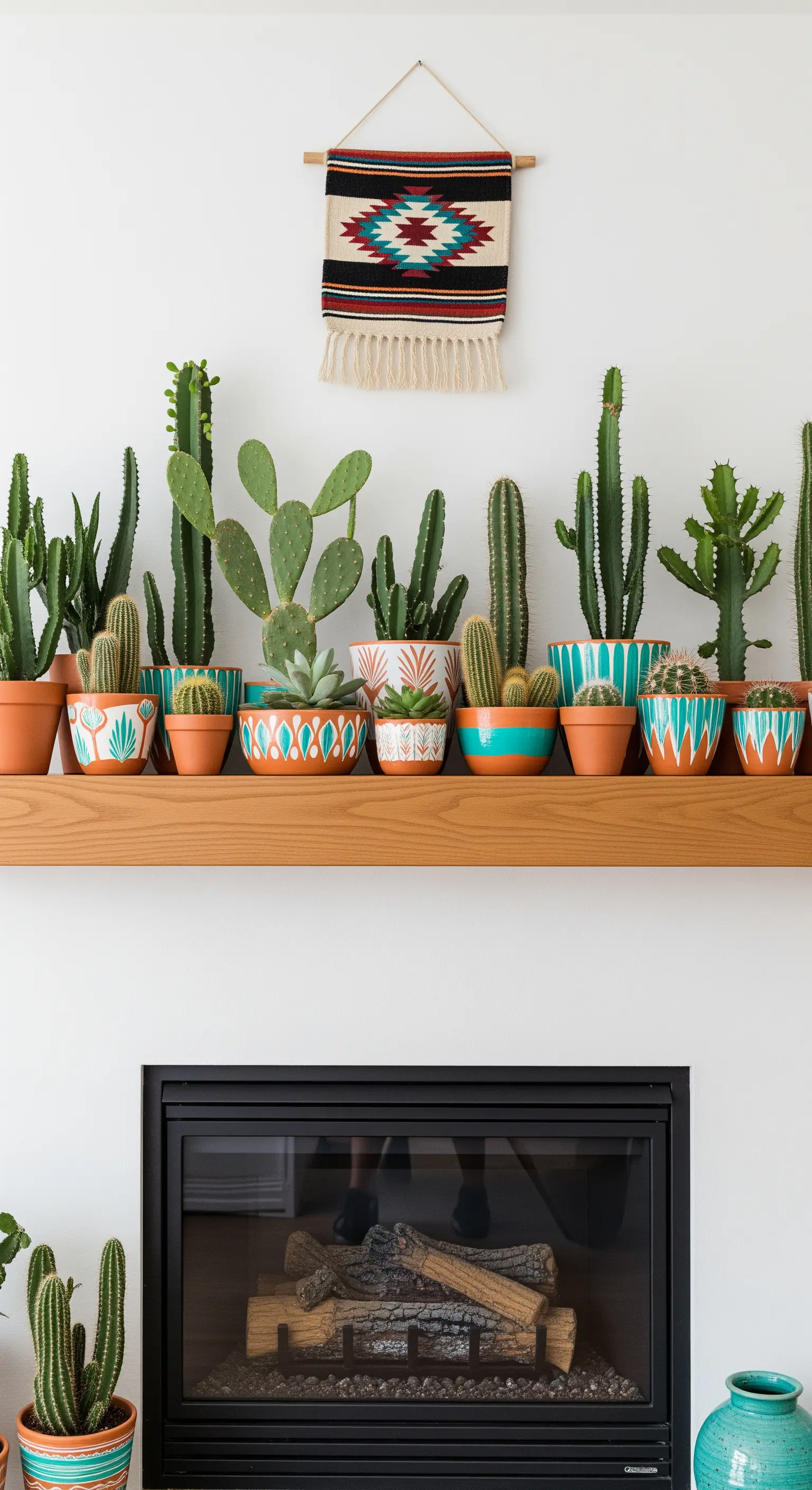 Eine Sammlung verschiedener Kakteen in Terrakotta-Töpfen und bemalten Keramiktöpfen auf einem Holzbalken