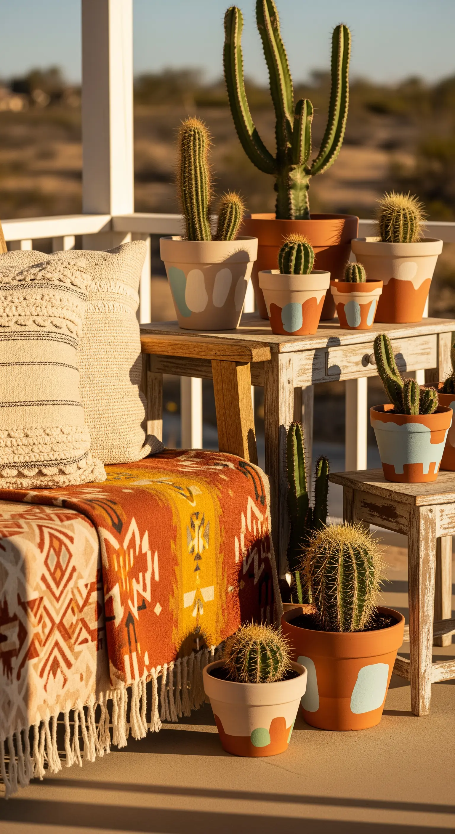 Wüsten-Veranda mit Kakteen in bemalten Töpfen, Ethno-Überwurf und rustikalen Möbeln