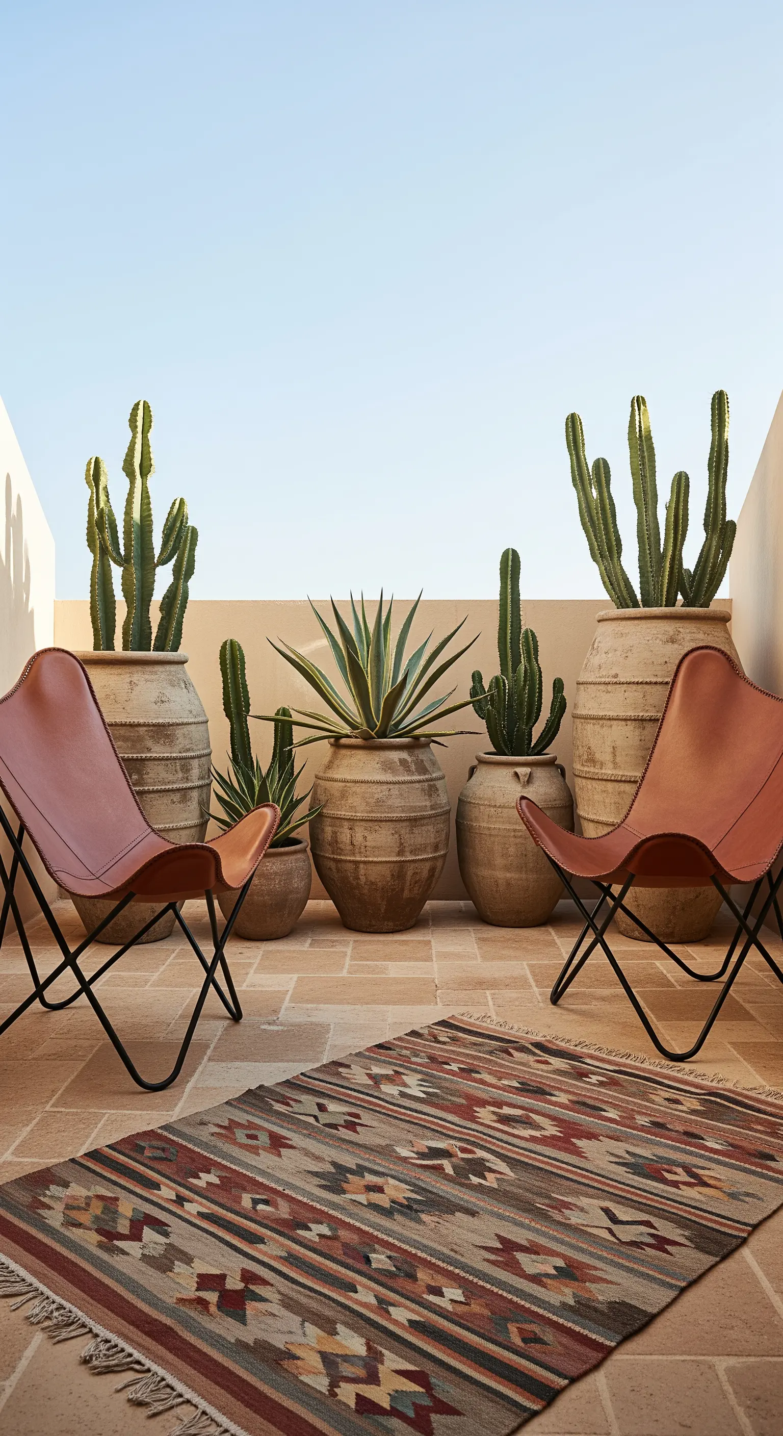 Lederne Butterfly-Stühle mit großen Kakteen und Kelim-Teppich