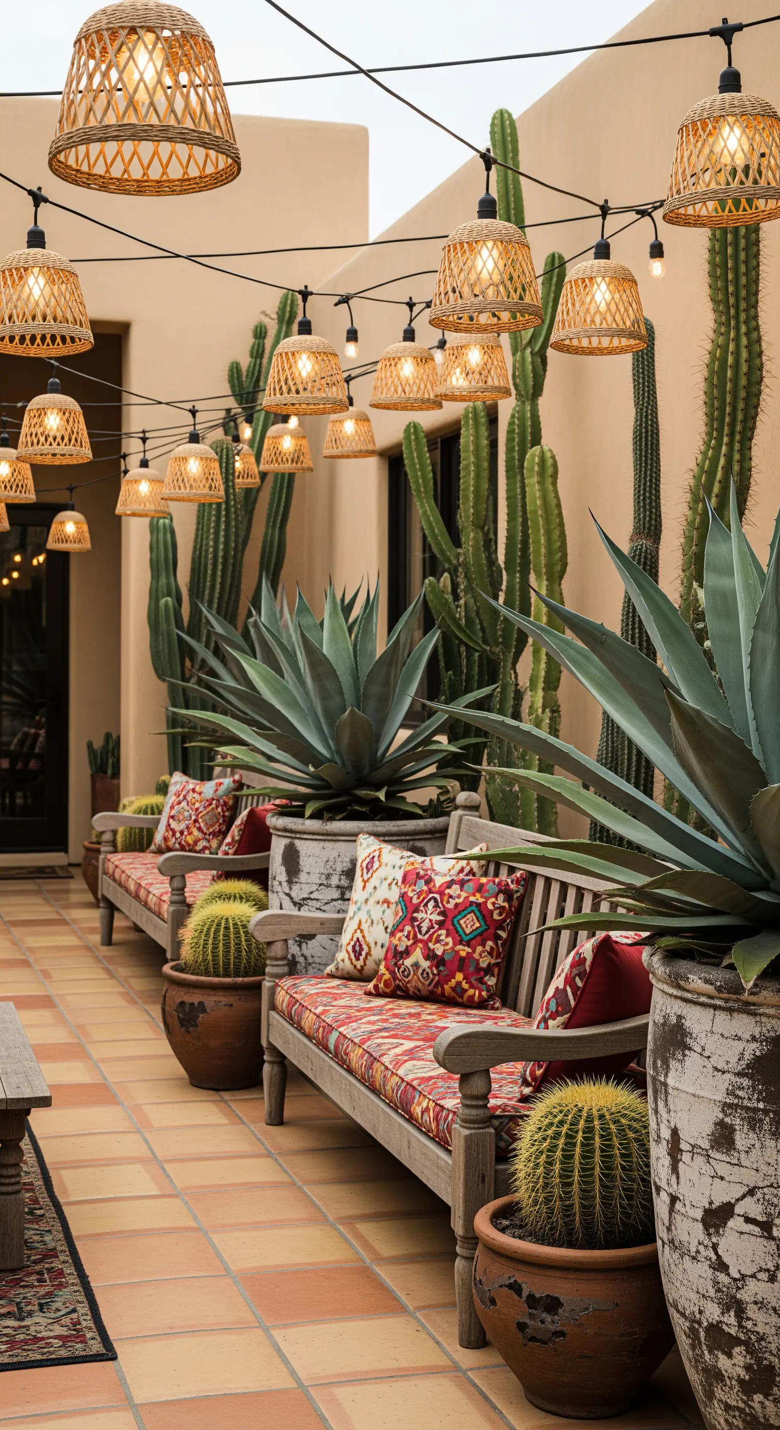 Terrasse im Southwestern-Stil mit Kakteen und einer Lichterkette, die mit kleinen Rattan-Lampenschirmen verziert ist.