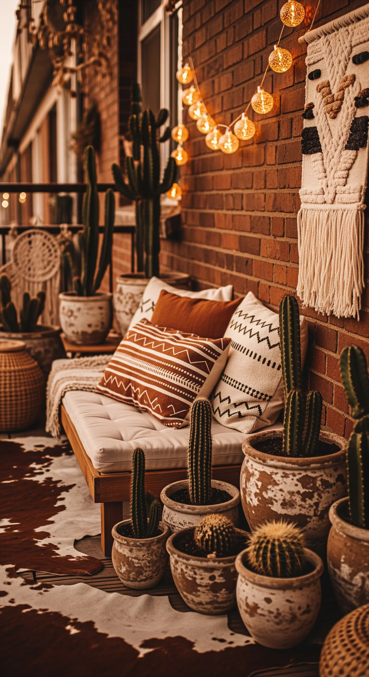 Balkon im Wüsten-Stil mit Kakteen, Terrakotta-Tönen und Lichterkette