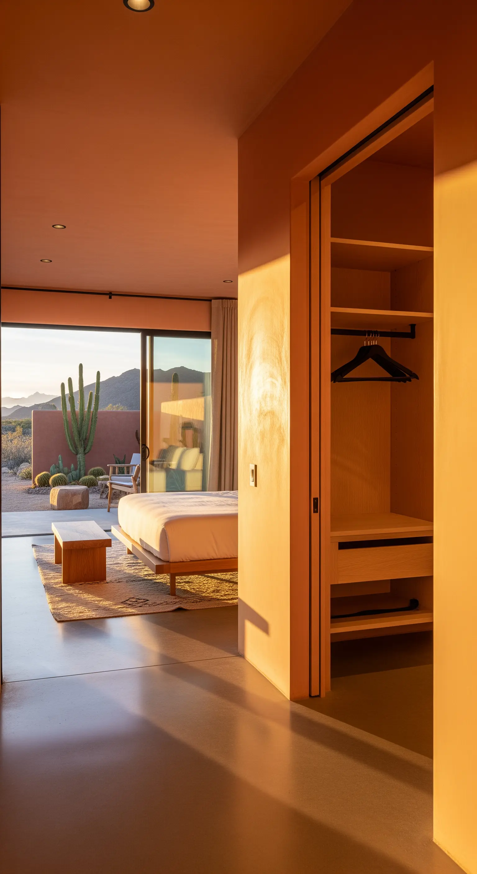 Schlafzimmer in Terrakotta-Tönen mit Blick in eine Wüstenlandschaft und offenem Kleiderschrank