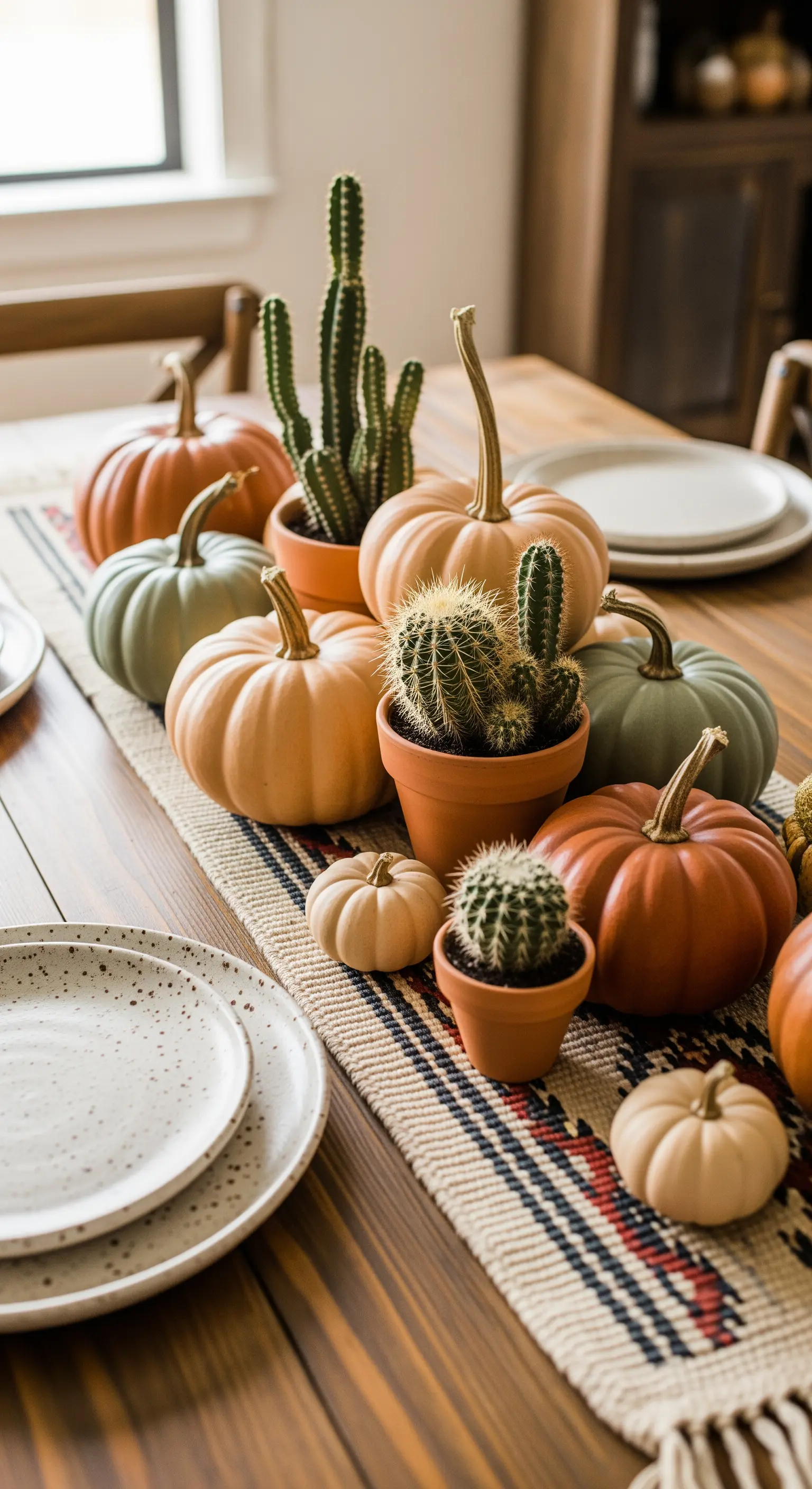 Herbstliches Arrangement mit Kürbissen in Erdtönen und Kakteen in Terrakottatöpfen.