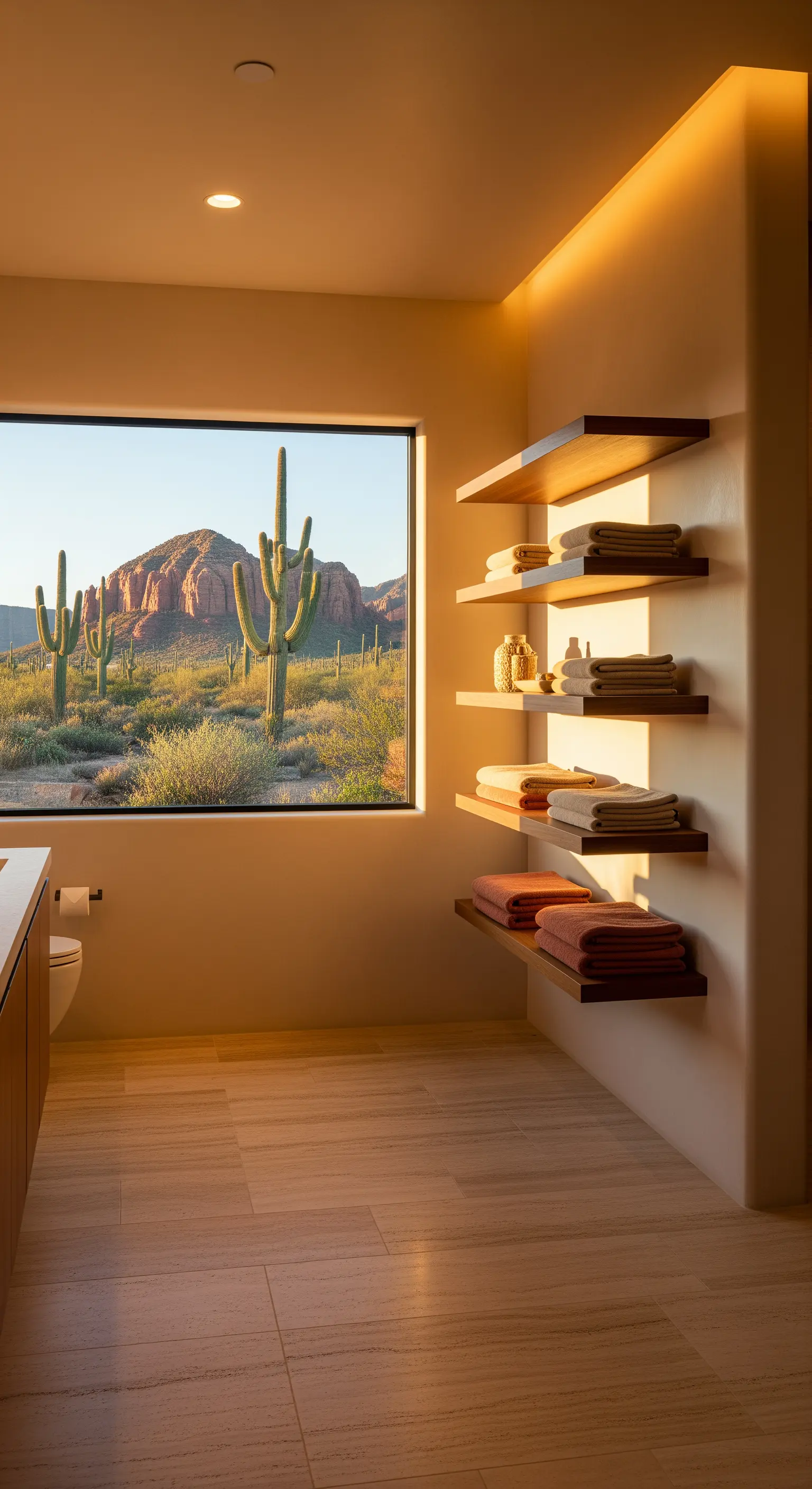 Schwebende Holzregale in einer beleuchteten Nische mit Blick auf eine Wüstenlandschaft.