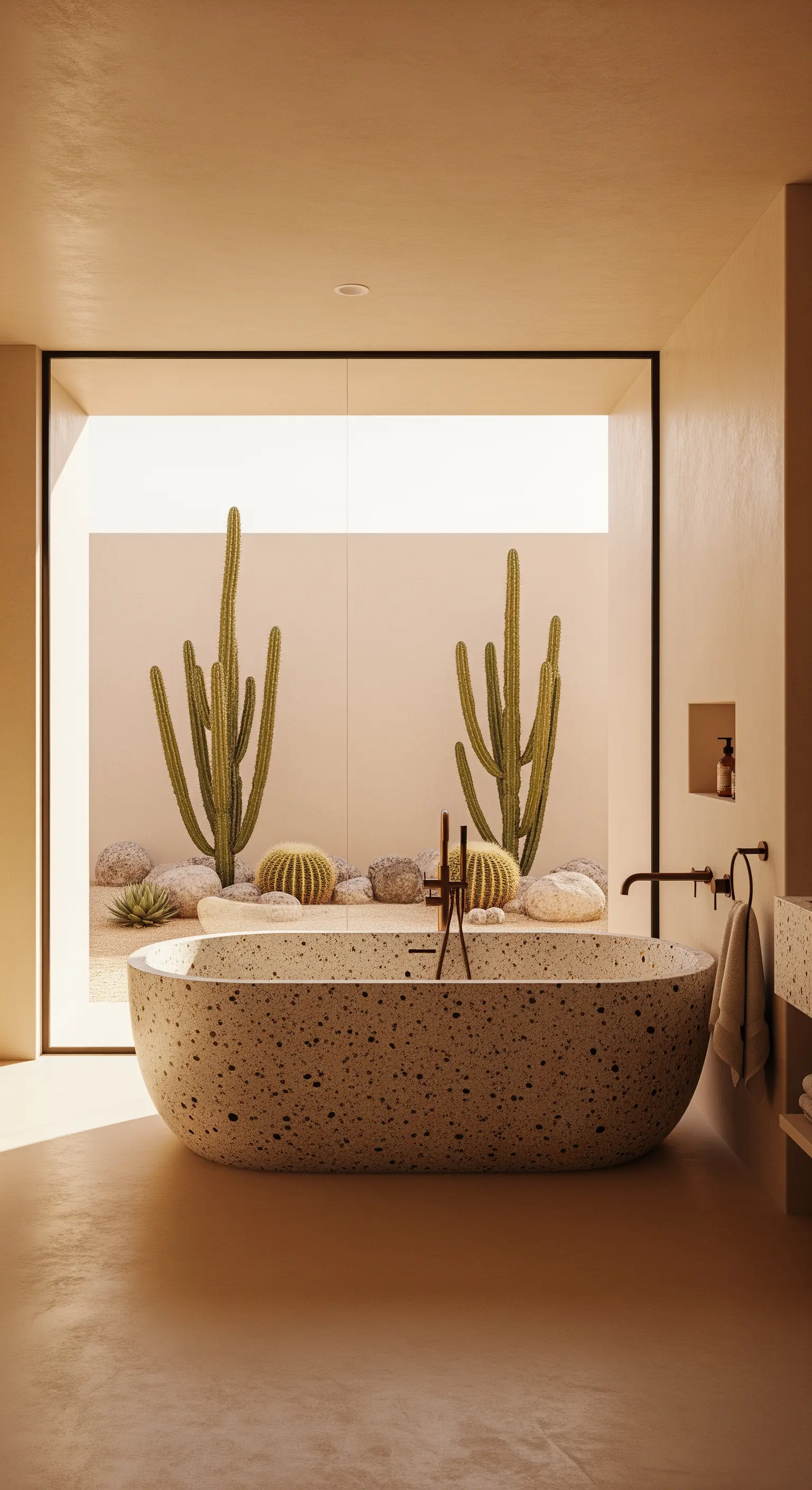 Terrazzo-Badewanne mit Blick durch ein großes Fenster auf einen minimalistischen Kaktusgarten.