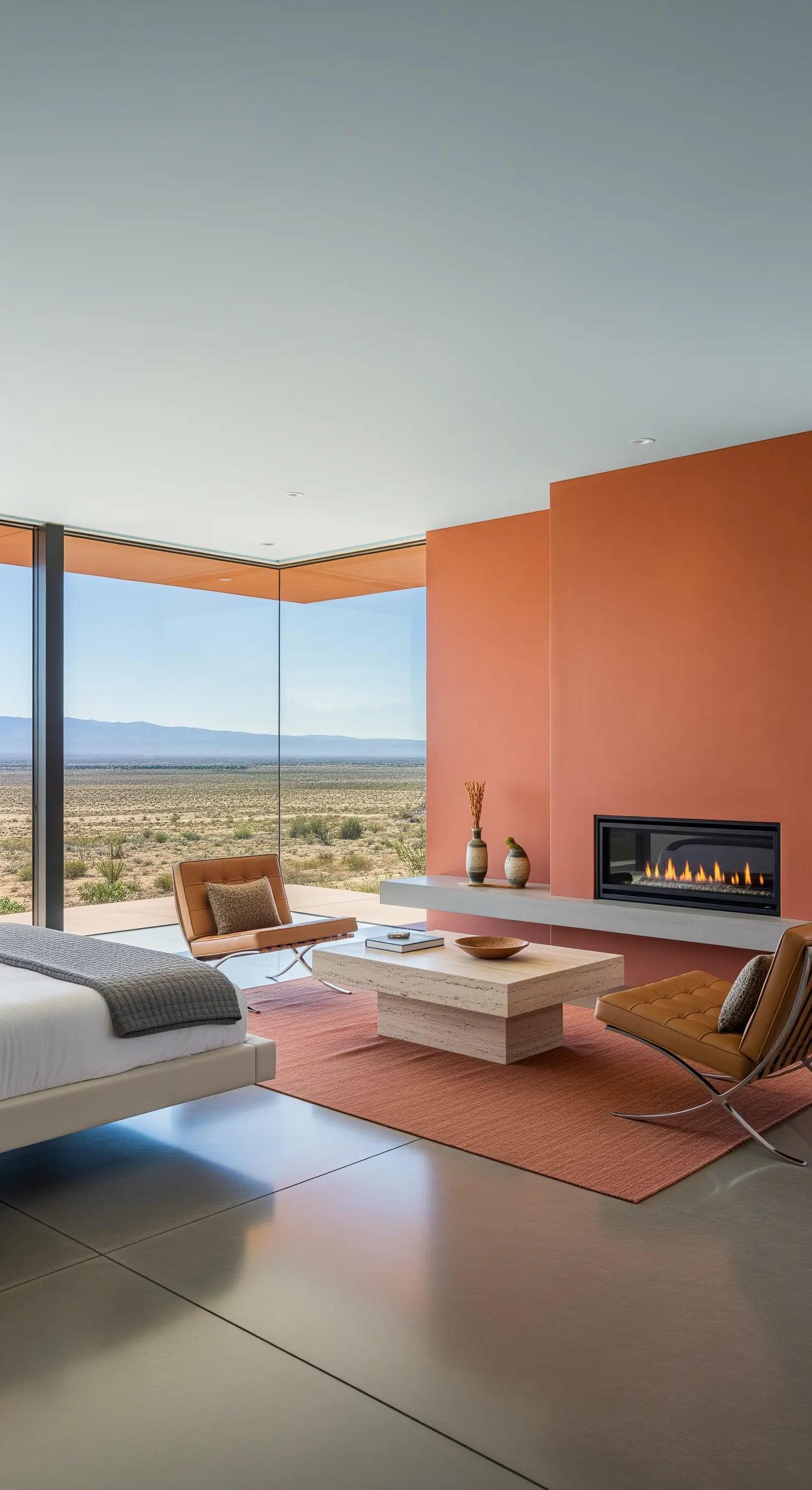 Modernes Schlafzimmer in der Wüste mit Terrakotta-Wand, Kamin und Ledersesseln.