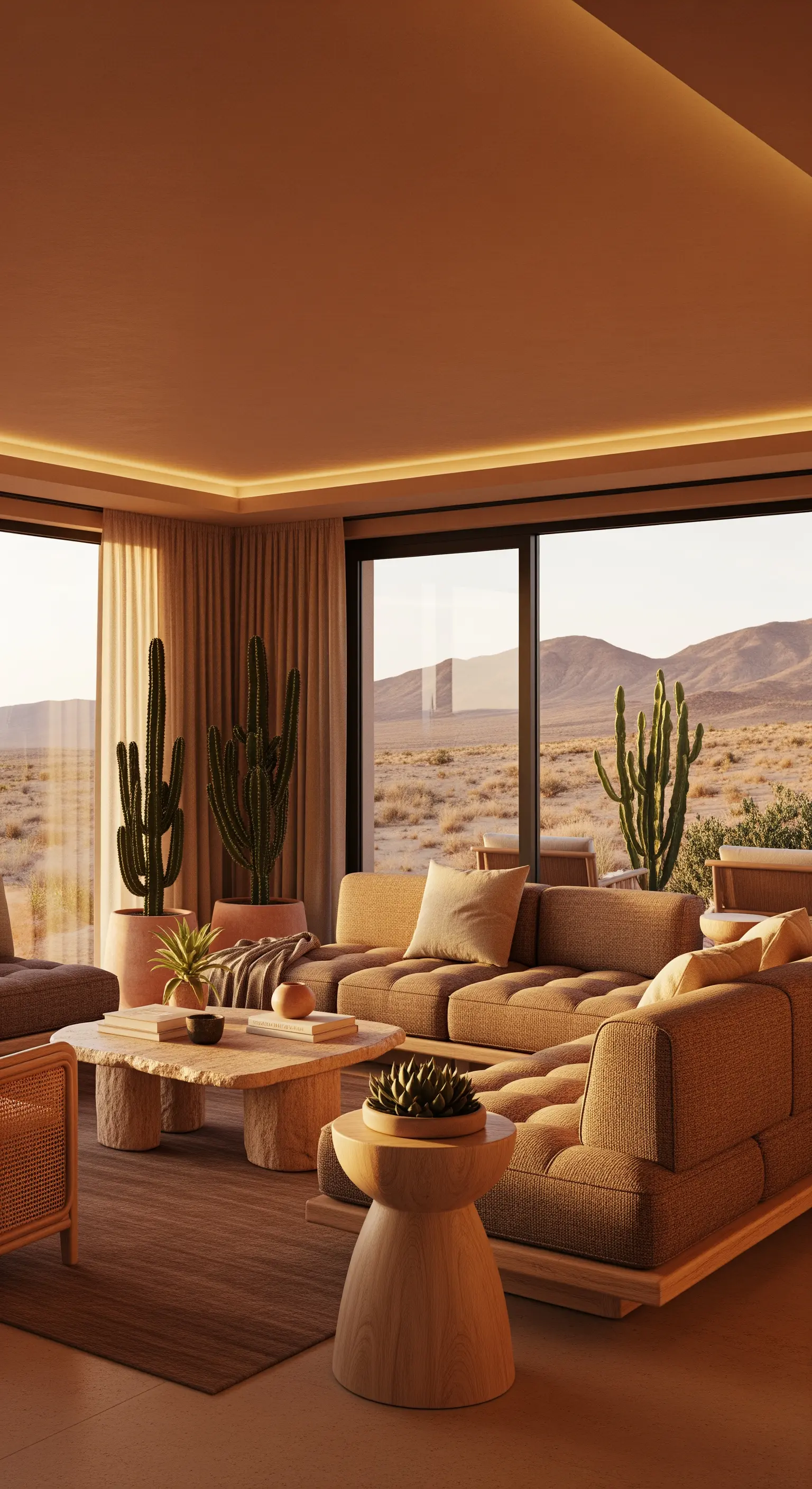 Modernes Wohnzimmer mit Erdtönen, organischen Möbeln und Blick in die Wüste.