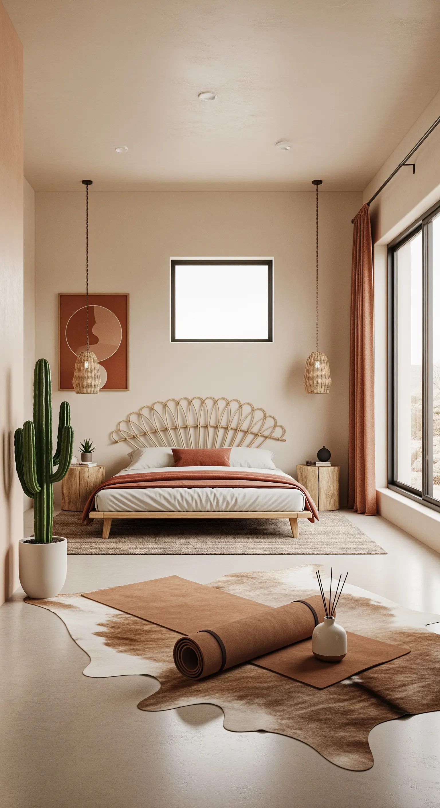 Modernes Wüsten-Boho-Schlafzimmer mit Rattan-Bett, Kaktus und Kuhfell-Teppich.