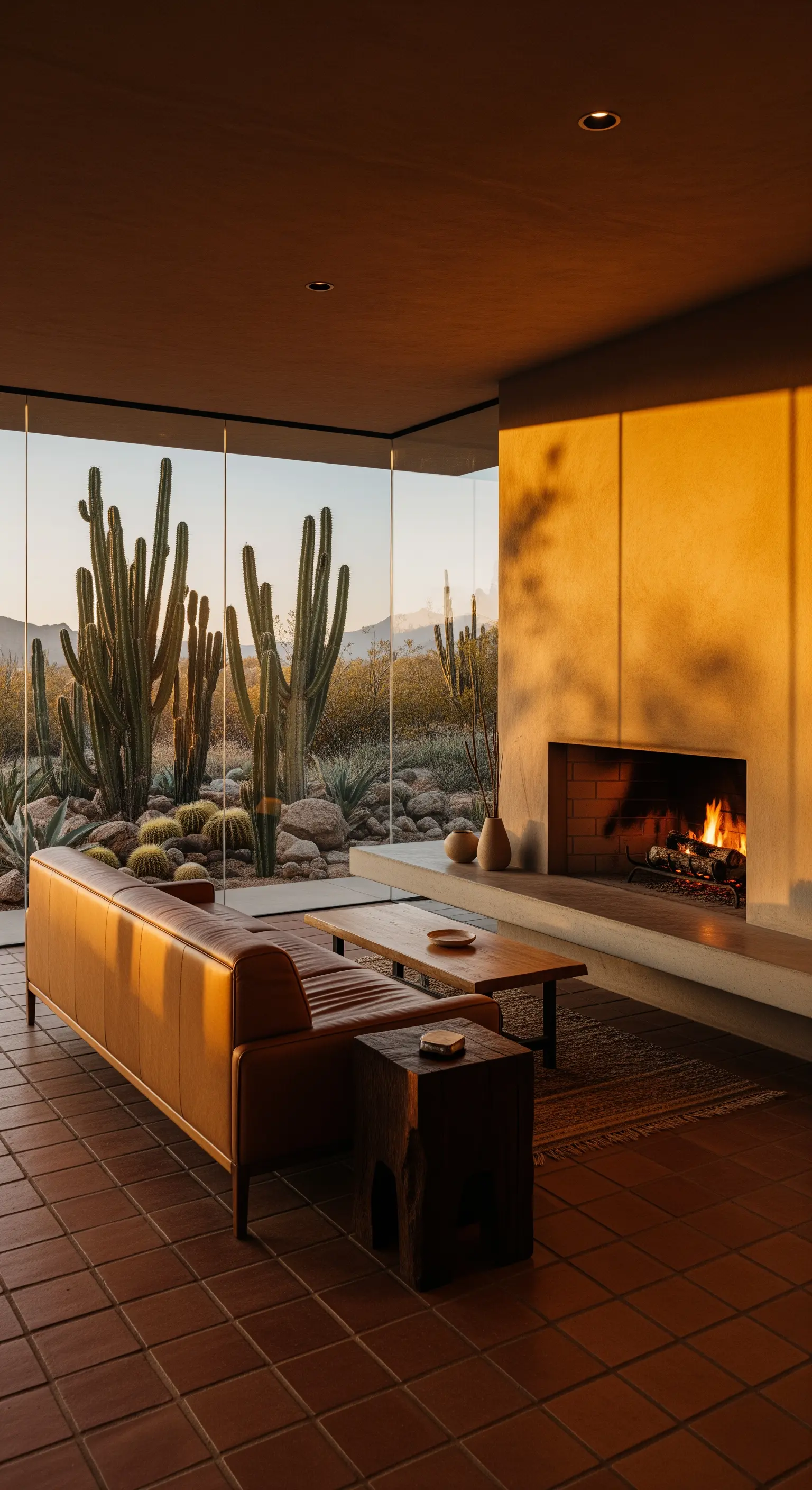 Modernes Wohnzimmer mit Panoramablick auf die Wüste, Terrakottaboden und Ledersofa.