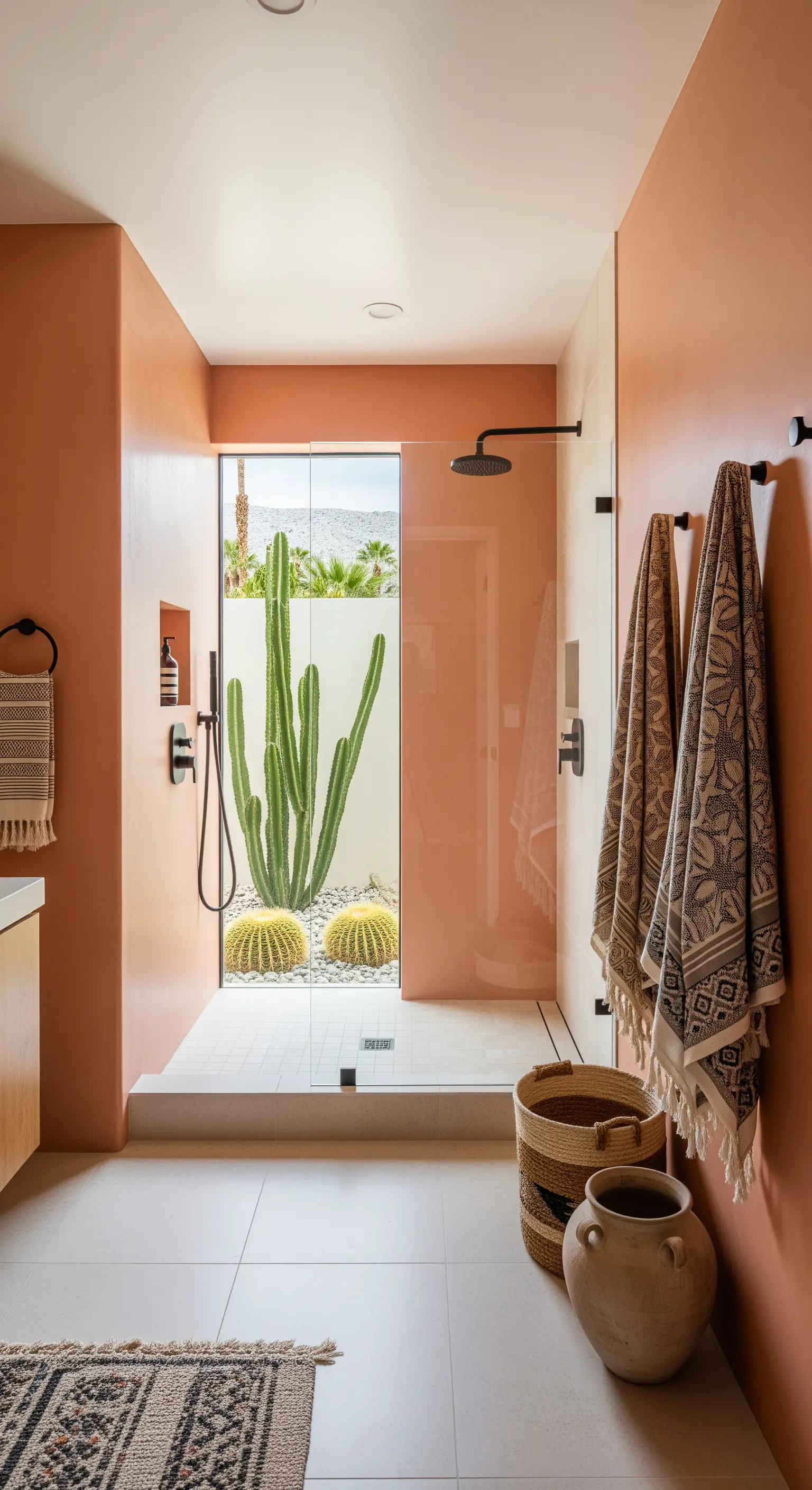 Badezimmer in Terrakotta-Tönen mit Walk-in-Dusche und Blick auf einen Kaktus-Garten