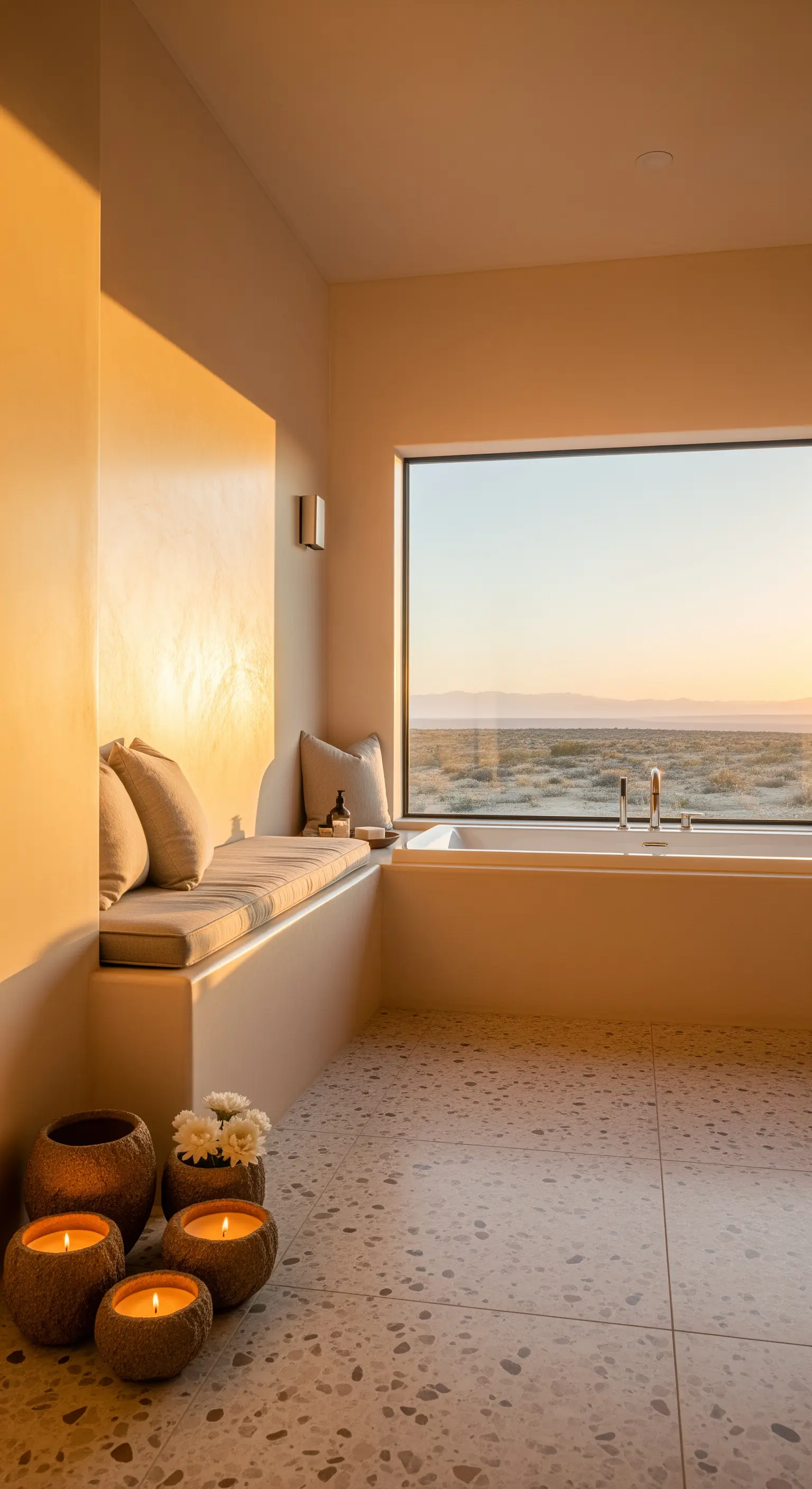 Minimalistisches Badezimmer in Beigetönen mit Panoramablick auf eine Wüstenlandschaft.