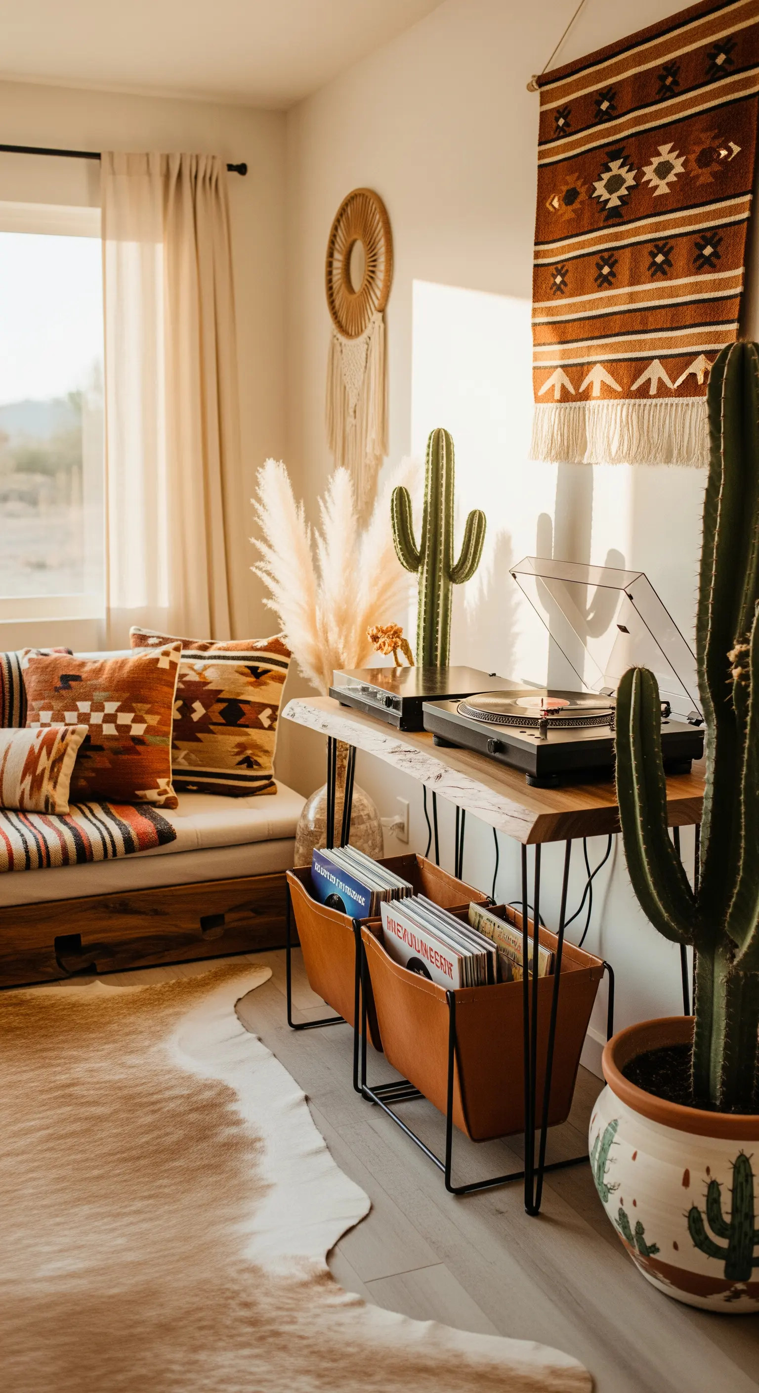 Boho-Wohnzimmer mit Wüsten-Flair, Kakteen, Pampasgras und Plattenspieler