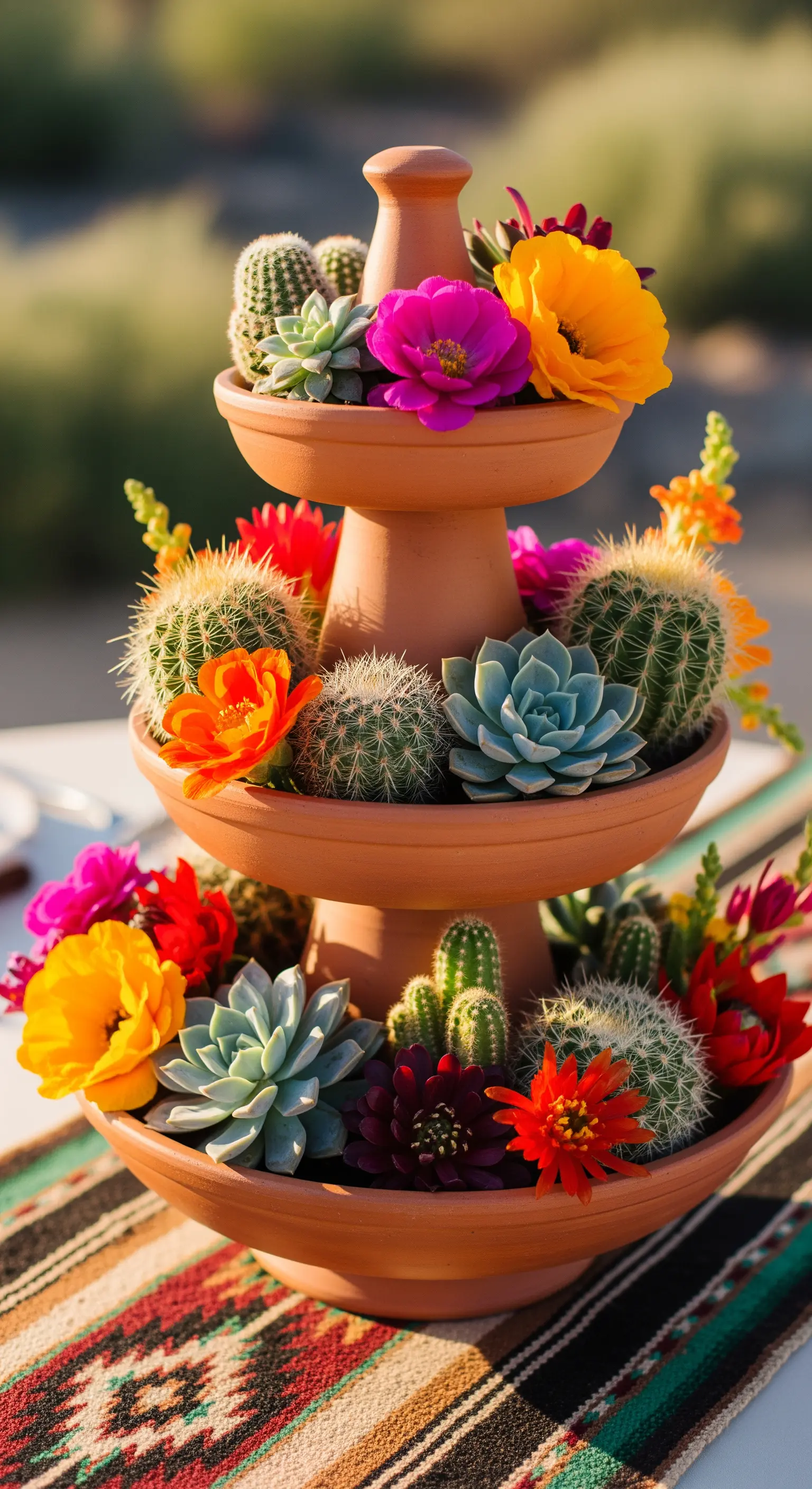 Terrakotta-Etagere, bepflanzt mit einer Vielfalt an Kakteen, Sukkulenten und bunten Blüten.