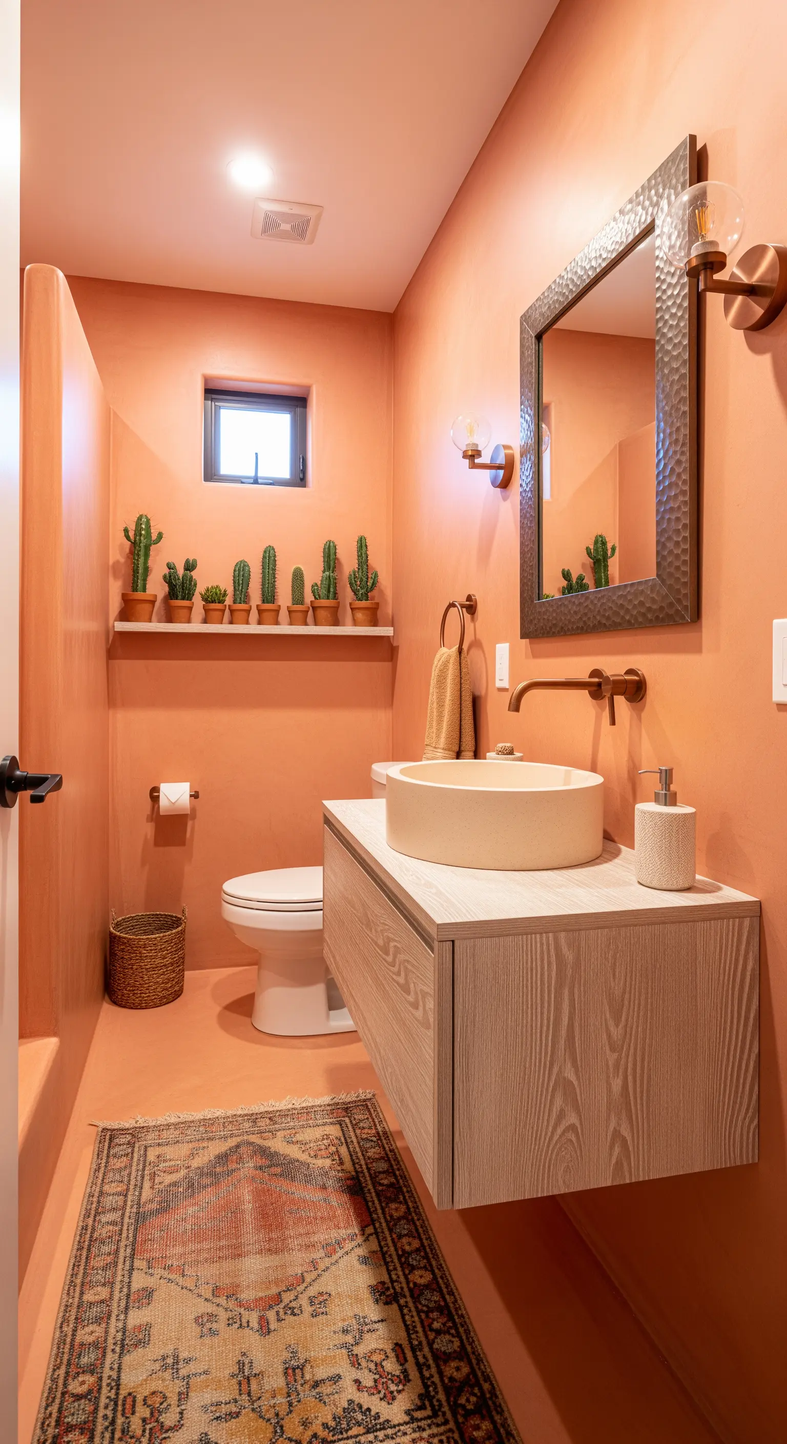 Badezimmer in Terrakotta-Farbe mit Kakteen und Ethno-Teppich.