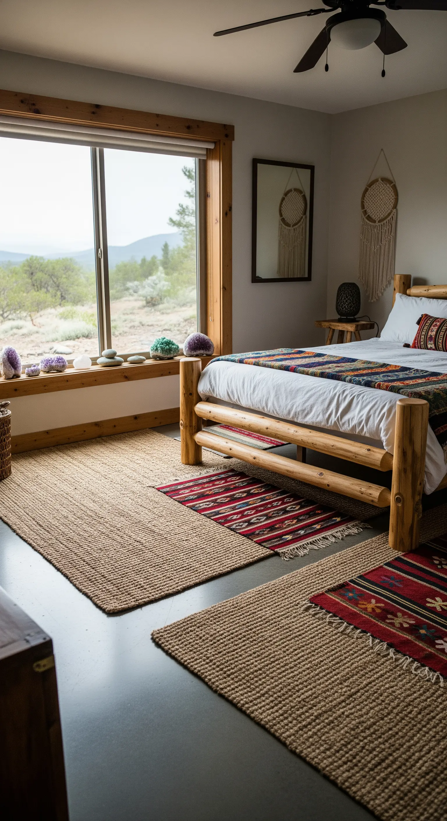 Rustikales Boho-Schlafzimmer mit Bett aus Holzstämmen und Kelim-Teppichen.