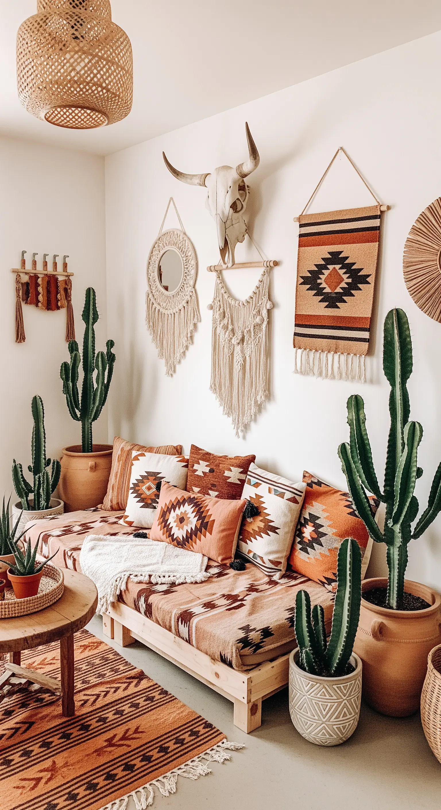 Boho-Wohnzimmer im Southwestern-Stil mit Kakteen, Ethno-Mustern und Tierschädel-Deko.