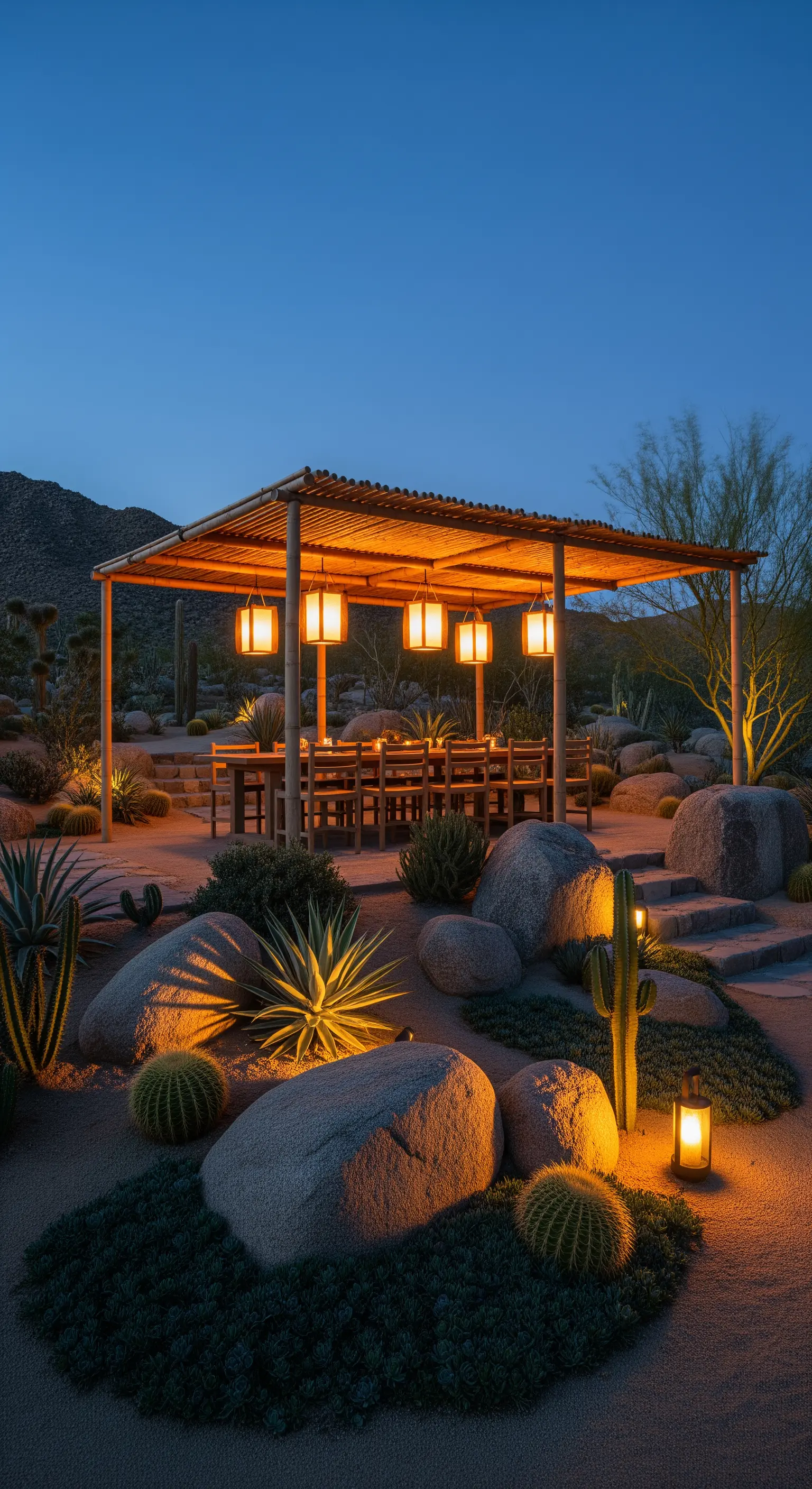 Wüsten-Essplatz unter Bambus-Pergola mit Kakteen und Laternen